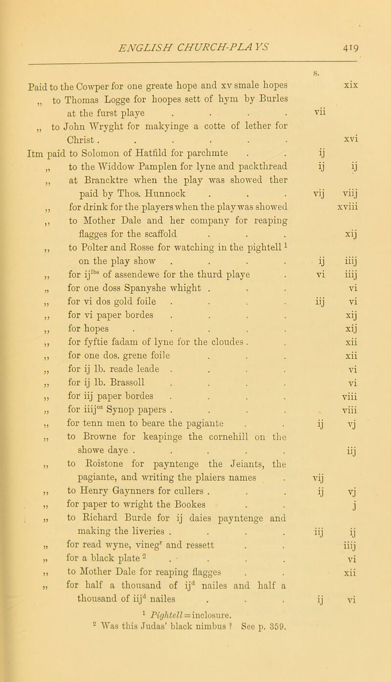 s. Paid to the Cowper for one greate hope and xv smale hopes „ to Thomas Logge for hoopes sett of hym by Buries XIX at the furst playe .... vii JJ to John Wryght for makyinge a cotte of lether for Christ...... xvi Itm paid to Solomon of Hatfild for parchmte ij >1 to the Widdow Pamplen for lyne and packthread ij ij at Brancktre when the play was showed ther paid by Thos. Himnock vij viij >5 for drink for the players when the play was showed xviii to Mother Dale and her company for reaping flagges for the scaffold xij J) to Polter and Rosse for watching in the pightell ^ on the play show .... ij iiij )? for ij’^ of assendewe for the thurd playe vi iiij 5) for one doss Spanyshe whight . vi J5 for vi dos gold foile .... iij vi j; for vi paper hordes .... xij 5J for hopes . . xij ?3 for fyftie fadam of lyne for the cloudes. xii )) for one dos. grene foile xii 5> for ij lb. reade leade .... vi for ij lb. Brassoll .... vi 35 for iij paper hordes .... viii 33 for iiij“ Synop papers .... viii 53 for tenn men to beare the pagiante ij ^'j 33 to Browne for keapinge the cornehill on the showe daye ..... iij 3) to Roistone for payntenge the Jeiants, the pagiante, and writing the plaiers names vij 33 to Henry Gaynners for cullers . ij vj 33 for paper to wright the Bookes j 33 to Richard Burde for ij daies payntenge and making the liveries .... iij ij 3) for read wyne, vineg'' and ressett iiij 33 for a black plate ^ . vi 33 to Mother Dale for reaping flagges xii 33 for half a thousand of ij^ nailes and half a thousand of iij^ nailes ij vi ' Pi(j'A<eW = inclosure. * Was this Judas’ black nimbus ? See p. 359.