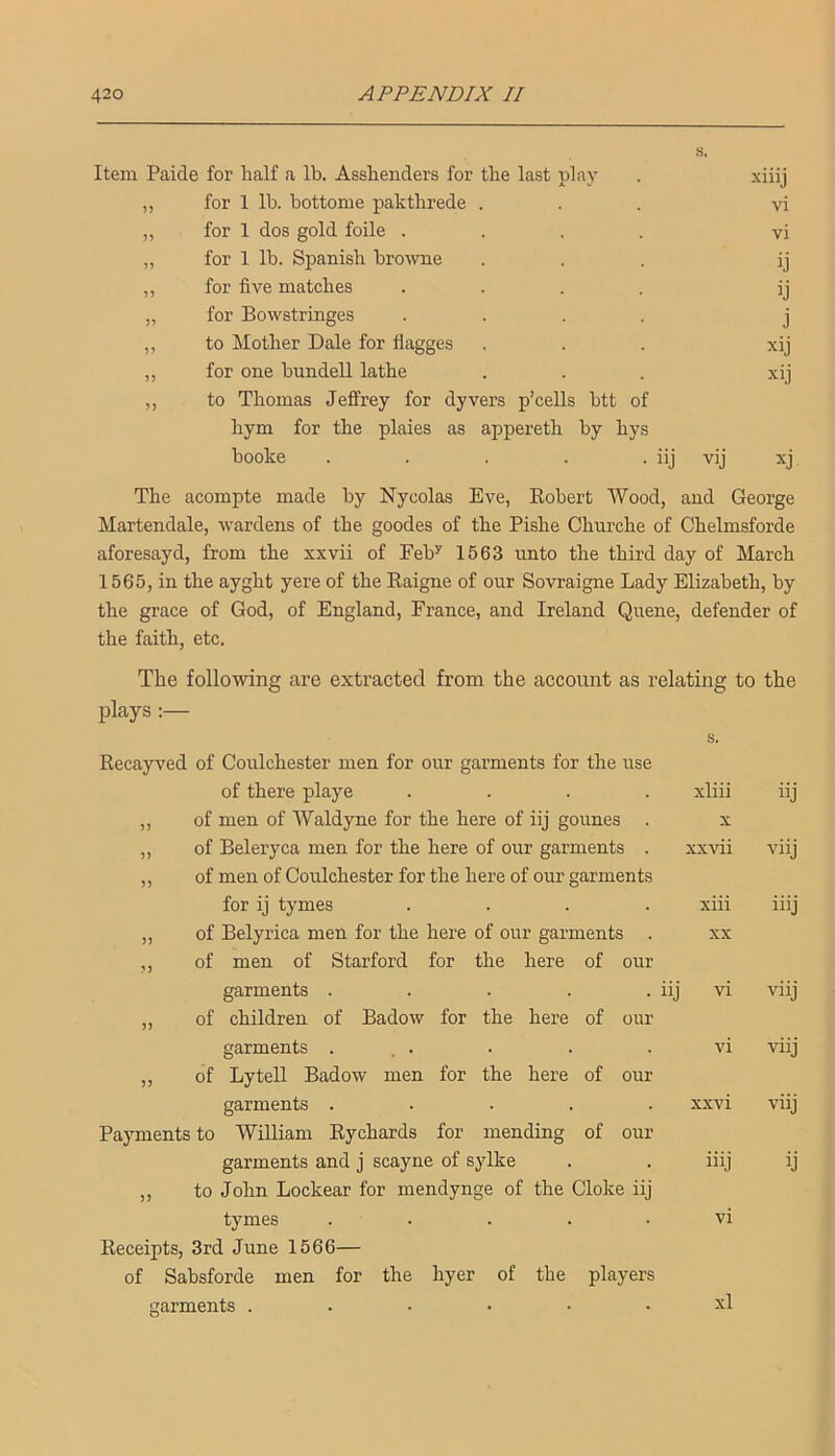 xmj vi vi ij ij j xij xij Item Paide for half a lb. Asshenders for the last play „ for 1 lb. bottome pakthrede ,, for 1 dos gold foile . „ for 1 lb. Spanish browne „ for five matches „ for Bowstringes ,, to Mother Dale for flagges ,, for one bundell lathe ,, to Thomas Jeffrey for dyvers p’cells btt of hym for the plaies as appereth by hys booke . . . . . iij vij xj The acompte made by Nycolas Eve, Eobert Wood, and George Martendale, wardens of the goodes of the Pishe Churche of Chelmsforde aforesayd, from the xxvii of Feb^ 1563 unto the third day of March 1565, in the ayght yere of the Eaigne of our Sovraigne Lady Elizabeth, by the grace of God, of England, France, and Ireland Quene, defender of the faith, etc. The follo'vving are extracted from the account as relating to the plays Recayved of Coulchester men for our garments for the use of there playe .... ,, of men of Waldyne for the here of iij gounes . „ of Beleryca men for the here of our garments . ,, of men of Coulchester for the here of our garments for ij tymes .... „ of Belyrica men for the here of our garments . ,, of men of Starford for the here of our garments ..... ,, of children of Badow for the here iij of our garments ,, of Lytell Badow men for the here of our garments ..... Payments to William Rychards for mending of our garments and j scayne of sylke ,, to John Lockear for mendynge of the Cloke iij tymes ..... Receipts, 3rd June 1566— of Sabsforde men for the hyer of the players garments ...... xliii X iij xxvii viij xiii XX iiij vi viij vi viij xxvi viij hij ij vi xl