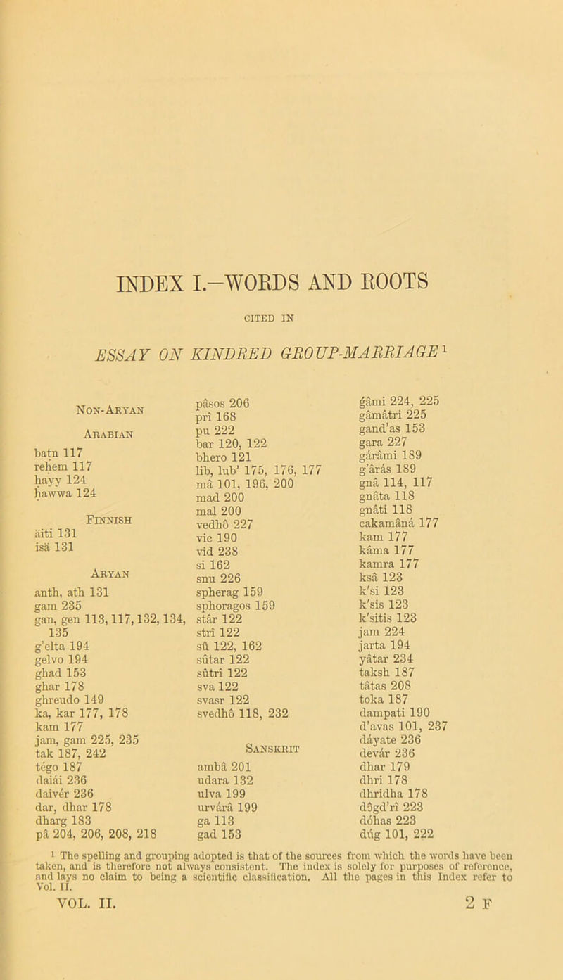 INDEX I.-WOKDS AND BOOTS CITED IN ESSAY ON KINDRED GROUP-MARRIAGE^ Non-Artan Arabian batn 117 rehem 117 hayy 124 hawwa 124 pasos 206 pri 168 pu 222 bar 120, 122 bhero 121 lib, lub’ 175, 176, 177 ma 101, 196, 200 mad 200 ^ami 224, 225 gamatri 225 gand’as 153 gara 227 gar ami 189 g’aras 189 gna 114, 117 gnata 118 Finnish mal 200 vedho 227 gnati 118 cakamana 177 iiiti 131 vie 190 kam 177 isa 131 vid 238 kama 177 Aryan si 162 snu 226 kamra 177 ksa 123 anth, ath 131 spberag 159 k'.si 123 gam 235 sphoragos 159 k'sis 123 gan, gen 113,117,132,134, star 122 li'sitis 123 135 stri 122 jam 224 g’elta 194 sa 122, 162 jarta 194 gelvo 194 sutar 122 yatar 234 ghad 153 sutri 122 taksb 187 ghar 178 sva 122 tatas 208 ghreudo 149 svasr 122 toka 187 ka, kar 177, 178 svedho 118, 232 dampati 190 d’avas 101, 237 dayate 236 dev4r 236 kam 177 jam, gam 225, 235 tak 187, 242 Sanskrit tego 187 amba 201 dhar 179 daiai 236 udara 132 dhri 178 daiv4r 236 ulva 199 dliridha 178 dar, dhar 178 dharg 183 urvara 199 d3gd’ri 223 ga 113 ddhas 223 pa 204, 206, 208, 218 gad 153 diig 101, 222 1 The spelling and grouping adopted is that of the sources from which the words have been taken, and is therefore not always consistent. The index is solely for purposes of reference, and lays no claim to being a sciontilic classillcation. All the pages in this Index refer to Vol. II.