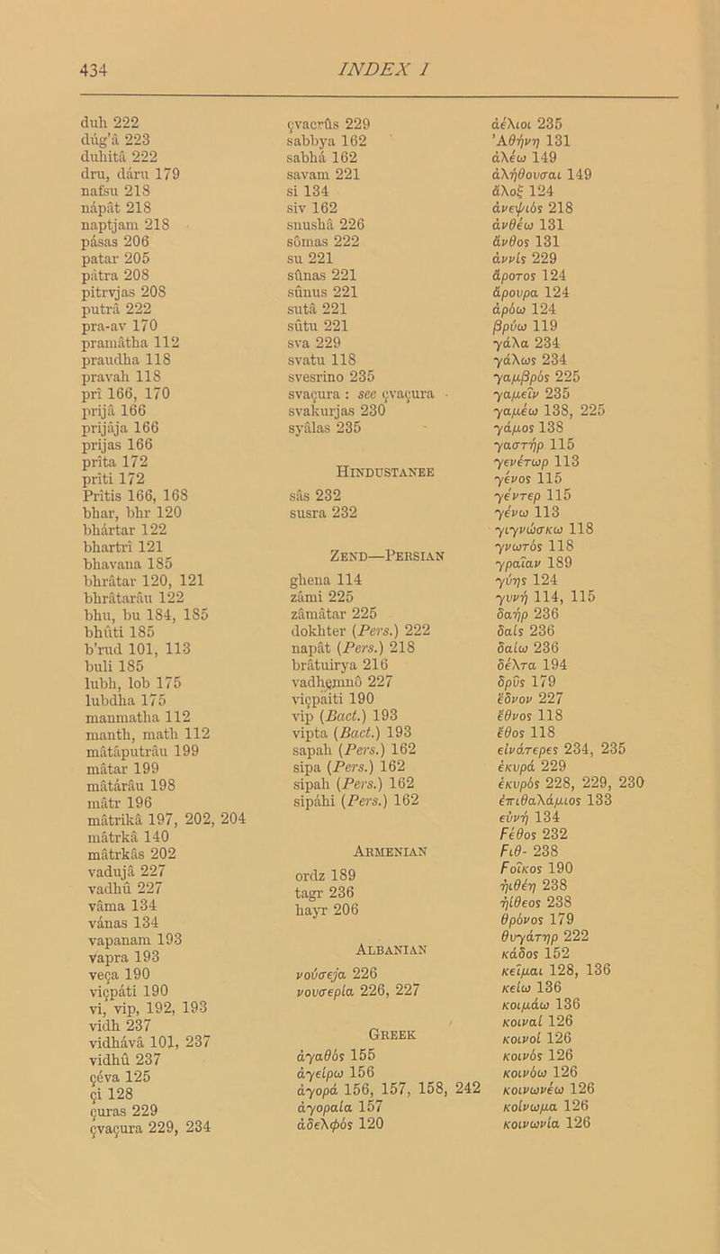 duh 222 diig’a 223 duliita 222 dru, dam 179 nafsu 21S nip at 218 naptjam 218 pdsas 206 patar 205 patra 208 pitrvjas 208 putra 222 pra-av 170 pramatha 112 praudha 118 pravali 118 pri 166, 170 prija 166 prijaja 166 prijas 166 prita 172 priti 172 Pritis 166, 168 bhar, bbr 120 bbartar 122 bbartri 121 bbavana 185 bbratar 120, 121 bhratarau 122 bbu, bu 184, 185 bhuti 185 b’rud 101, 113 buli 185 lubh, lob 175 lubdha 175 maumatba 112 manth, matb 112 mdtaputraii 199 matar 199 matarau 198 niatr 196 matrilca 197, 202, 204 matrka 140 matrkas 202 vaduja 227 vadbu 227 vama 134 vanas 134 vapanam 193 vapra 193 vega 190 vicpati 190 vi, vip, 192, 193 vidb 237 vidhavd 101, 237 vidbu 237 geva 125 gi 128 guras 229 gvagura 229, 234 gvacrfls 229 sabbya 162 sabbd 162 savam 221 si 134 siv 162 snusba 226 somas 222 su 221 sftnas 221 sunus 221 suta 221 sutu 221 sva 229 svatu 118 svesrino 235 svagiira : see gvagura • svakurjas 230 syalas 235 Hindustanee sas 232 susra 232 Zend—Persian glieua 114 zami 225 zdmatar 225 dokbter (Fers.) 222 napat (Fers.) 218 brfituirya 216 vadheuiuo 227 vigpaiti 190 vip (Bact.) 193 vipta (Bact.) 193 sapali (Fers.) 162 sipa (Fers.) 162 sipali (Fers.) 162 sipabi (Fers.) 162 Armenian ordz 189 tagr 236 hajT 206 Albanian voicreja 226 vovaepla 226, 227 Greek ayaObs 155 dyelpu 156 dyopd 156, 157, 158, dyopala 157 d8iK(p6s 120 d^iot 235 ’Ad'/ipr] 131 d\bw 149 dX-fiOovcai 149 dXof 124 dve\j/i6s 218 dvdiiti 131 dvdos 131 dvvL$ 229 dporos 124 dpovpa 124 dp6&) 124 jSpdtii 119 ydXa 234 ydXcoj 234 yap^pbs 225 yapieiv 235 yap.eoi 138, 225 ydfios 138 yacrrTip 115 yevirtap 113 ykvos 115 yevrep 115 yePhj 113 yLypibcTKCP 118 ypwrbs 118 ypalap 189 ybnj^ 124 yvpTj 114, 115 darip 236 dais 236 dal(ij 236 deXra 194 dpus 179 'edpop 227 dBpos 118 ms 118 elpdrepes 234, 235 €Kvpd 229 eKvpbs 228, 229, 230 bwLda\dp.ios 133 evPTj 134 Fedos 232 Fid- 238 Foikos 190 rjidbr] 238 Tjldeos 238 dpbpos 179 dvydrrjp 222 Kddos 152 Kelp.ai 128, 136 Kelbl 136 Kotp-dio 136 Koipal 126 Koivol 126 Koipbs 126 Koipbia 126 Koipupeo} 126 Kolpup-a 126 Koipoipla 126 242