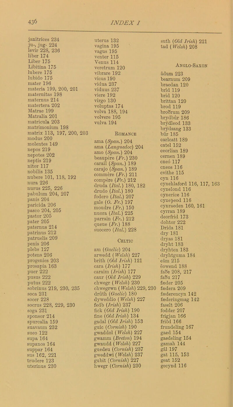 janitrices 234 ju-, jug- 224 levir 228, 236 liber 174 Liber 175 Libitina 175 lubere 175 lubido 175 mater 196 materia 199, 200, 201 maternitas 198 maternus 214 matertera 202 Matrae 199 Matralia 201 matricula 203 matrimonium 198 matrix 113, 197, 200, 203 modus 200 molentes 149 nepos 219 nepotes 202 neptis 219 nitor 117 nobilis 135 nubere 101, 118, 192 nura 226 nurus 225, 226 pabulum 204, 207 panis 204 parioida 206 pasco 204, 205 pastor 205 pater 205 paternus 214 patrinus 212 patruelis 209 penis 206 plebs 127 poteus 206 progenies 203 prosapia 163 puer 222 pusus 222 putus 222 sobrinus 219, 230, 235 soca 231 socer 228 socrus 228, 229, 230 soga 231 sponsor 214 spurcalia 159 suavaum 232 sueo 122 supa 164 supanos 164 suppar 164 sus 162, 221 trudere 123 uterinus 230 uterus 132 vagina 195 vagus 195 venter 115 Venus 114 veretrum 120 vibrare 192 vicus 190 vidua 237 viduus 237 viere 192 Virgo 130 voluptas 174 volva 188, 194 volvere 195 vulva 194 Romance ama {Span.) 204 ama (Languedoc) 204 amo (Span.) 204 beaupere (Fr.) 230 carail (Span.) 189 carajo (Span.) 189 commere (Fr.) 211 compere (Fr.) 212 druda (Hal.) 180, 182 drudo (Ital.) 180 fodero (Ital.) 207 gale (0. Fr.) 197 moucire (Fr.) 150 nuora (Ital.) 225 parrain (Fr.) 212 queue (Fr.) 188 suocero (Ital.) 228 Celtic am (Gaelic) 204 arwedd (Welsh) 227 brith (Old Irish) 121 cara (Irish) 177 caraim (Irish) 177 caur (Old Irish) 229 cliwegr (Welsh) 230 cbwegrwn (Welsh) 229, 230 druth (Gaelic) 180 dyweddio (Welsh) 227 fedb (Irish) 237 fick (Old Irish) 190 fine (Old Irish) 134 gadal (Old Irish) 153 guic (Cornish) 190 gwaddol (Welsh) 227 gwamm (Breton) 194 gwaudd (Welsh) 227 guedeu (Cornish) 237 gweddwi (Welsh) 237 gubit (Cornish) 227 hwegr (Cornish) 230 sutli (Old Irish) 221 tad (Welsh) 208 Anglo-Saxon adum 223 bearnum 209 braedan 120 brid 119 brid 120 brittan 120 brod 119 broSrum 209 brydbur 186 brydleod 133 brydsang 133 bur 185 carlcatt 189 catel 152 ceorlian 189 cernen 189 cne6 117 cneos 116 cvitbe 115 cyn 116 cyneblaford 116, 117, 163 cynelond 116 cynerice 116 cyuejieod 116 cynraeden 160, 161 cyrran 189 deorfrid 173 dohtor 222 Drida 181 dry 181 dry as 181 dryht 183 dryhten 183 drylitguma 184 earn 215 eowend 188 faSe 208, 217 faSu 217 feeder 205 ftedera 209 fiedereuoyn 142 fsederingmag 142 faselt 206 fodder 207 frigjan 166 fri6d 166 frundeling 167 gaed 154 gaedeling 154 gamali 144 gai 197 gat 115, 153 geat 152 gecjmd 116