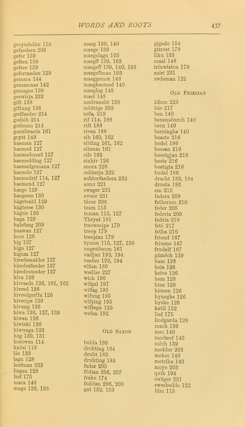 gecyndelim 116 gefaedera 209 gefer 159 gefera 159 gefere 159 geferraeden 159 gemaca 144 gemaecnes 142 gemagas 139 geswirja 232 gift 138 giftuug 138 godfaeder 214 godsib 214 godsunu 214 gossibraede 161 grytt 149 haeman 127 liaemed 127 baemedceorl 127 baemedding 127 baemedgemana 127 baemdo 127 baemedrif 114, 127 baemend 127 baege 129 baegesse 130 bagsteald 129 bagtesse 130 bagtis 130 baga 129 balsfang 209 beawan 127 beos 128 big 127 bigo 127 bigiun 127 biredesealder 137 biredesfaeder 137 biredesmoder 137 biva 126 bivraede 126, 161, 163 bivred 126 bivredgerifa 126 bivscipe 126 bivung 126 biwa 126, 137, 139 biwan 126 bhviski 126 biwunga 126 bog 130, 131 borcwen 114 kn6si 118 lac 133 lagu 128 leofman 233 began 128 liof 175 maca 140 maga 138, 193 maeg 139, 140 maege 139 maegelagu 105 inaegiS 139, 163 maegeiS 139, 140, 193 maege'Sman 193 maeggemot 148 maegbaemed 140 maeglag 148 mael 148 modrauebt 158 mSdrige 203 nefa, 219 rif 114, 188 rift 188 riven 188 sib 160, 162 sibling 161, 162 sibsum 161 sife 162 sinbiv 126 snora 226 subterja 232 subtorfaedera 232 sunn 221 sweger 231 sweor 231 tacor 236 team 115 teman 115, 127 Tbryat 181 treowscipe 179 treo]> 179 treojjian 179 tymen 115, 127, 156 uugesibsum 161 vaifjan 192, 194 vaefan 192, 194 vifian 189 wedlac 227 wick 190 wifgal 197 wiflag 195 wifung 195 mfjjing 195 wifjiegn 125 wefan 192 Old Saxon buida 186 drohting 184 drubt 183 drubting 184 fadar 205 fodian 206, 207 frabo 174 fiiddau 206, 208 gat 152, 153 gigado 154 gitrost 179 liku 133 maal 148 triuwistoii 179 suiri 231 swclsman 122 Old Friesian adum 223 bas 217 ben 140 benenaburch 140 bern 140 berninghe 140 boaste 216 bodel 186 boesen 216 boostgjan 216 boste 216 bostigia 216 budel 186 dracbt 183, 184 drusta 183 em 215 fadera 209 fatberum 210 feder 205 federia 209 fedria 210 fete 217 fetba 210 friond 167 friuene 167 fmdelf 167 gamecb 139 bam 128 beia 126 beive 126 bem 128 bine 126 bionen 126 bynegbe 126 byske 126 ketil 152 liaf 175 liodgarda 128 macb 139 mec 140 mecbref 140 mecb 139 medder 203 meker 140 metrika 140 moye 203 quik 194 swager 231 swesbedde 122 tarn 115