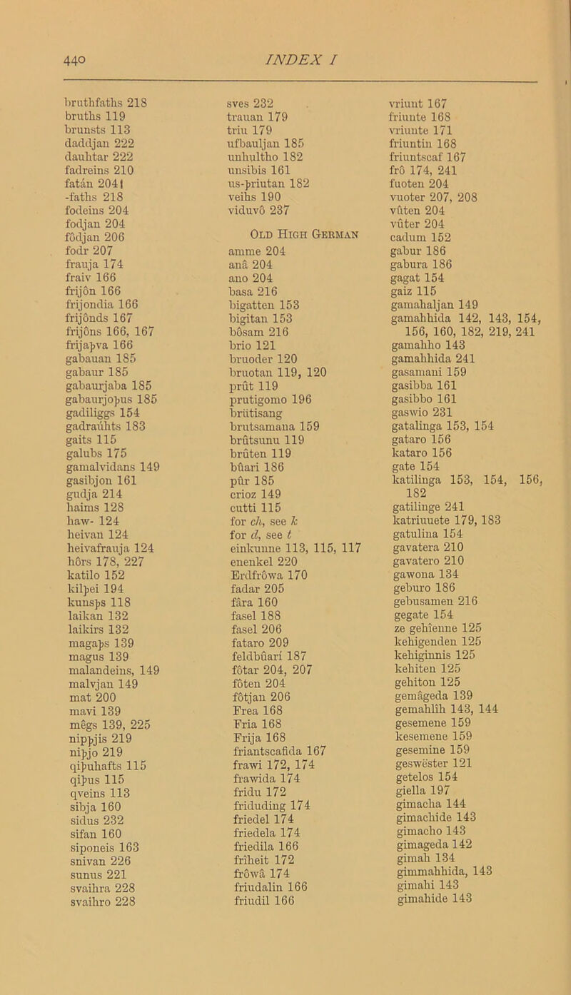 1)ruthfaths 218 sves 232 vriunt 167 brutlis 119 trauau 179 friuiite 168 brunsts 113 triu 179 vriuute 171 dadiljan 222 ufbauljau 185 friuntiii 168 daulitar 222 unliultho 182 friuntscaf 167 fadreins 210 misibis 161 fro 174, 241 fatiin 204 ( us-]>riutan 182 fuoteu 204 -faths 218 veihs 190 vuoter 207, 208 fodeins 204 viduvo 237 vfiten 204 fodjan 204 fOdjan 206 Old High German vuter 204 cadum 152 fodr 207 amme 204 gabur 186 frailj a 174 ana 204 gabura 186 fraiv 166 aiio 204 gagat 154 frijon 166 basa 216 gaiz 115 frijondia 166 bigatten 153 gamahaljan 149 frij&nds 167 bigitau 153 gamalihida 142, 143, frijons 166, 167 bosam 216 156, 160, 182, 219, frija])va 166 brio 121 gamaliho 143 gabauan 185 bruoder 120 gamalihida 241 gabaur 185 bruotan 119, 120 gasaniaui 159 gabaurjaba 185 prut 119 gasibba 161 gabaurjo]jus 185 prutigomo 196 gasibbo 161 gadiliggs 154 briitisang gaswio 231 gadraiihts 183 brutsamaua 159 gatalinga 153, 154 gaits 115 brutsunu 119 gataro 156 galubs 175 bruten 119 kataro 156 gamalvidans 149 bftari 186 gate 154 gasibjon 161 phr 185 katilinga 153, 154, gudja 214 crioz 149 182 haims 128 cutti 115 gatiliuge 241 haw- 124 for cA, see k katriuuete 179,183 heivan 124 for d, see t gatuliua 154 heivafrauja 124 einkiiune 113, 115, 117 gavatera 210 hOrs 178, 227 eneukel 220 gavatero 210 katilo 152 Erdfrowa 170 gawona 134 kiljjei 194 fadar 205 geburo 186 kuusjjs 118 fara 160 gebusamen 216 laikan 132 fasel 188 gegate 154 laikirs 132 fasel 206 ze gehiemie 125 maga])s 139 fataro 209 kehigenden 125 magus 139 feldbuari 187 kehiginnis 125 malandeins, 149 fotar 204, 207 kehiteu 125 malvjan 149 foten 204 gehiton 125 mat 200 fotjau 206 gemageda 139 mavi 139 Frea 168 gemahlih 143, 144 megs 139, 225 Fria 168 gesemene 159 nipjijis 219 ni])jo 219 Frija 168 kesemene 159 friantscafida 167 gesemine 159 qijjuhafts 115 frawi 172, 174 geswester 121 qi>us 115 frawida 174 getelos 154 qveins 113 fridu 172 giella 197 sibja 160 fridudiug 174 gimacha 144 sidus 232 friedel 174 gimachide 143 sifan 160 friedela 174 gimacho 143 siponeis 163 friedila 166 gimageda 142 snivan 226 fribeit 172 gimah 134 sunus 221 frOwa 174 gimmahhida, 143 svailira 228 friudalin 166 gimahi 143 svaihro 228 friudil 166 gimahide 143