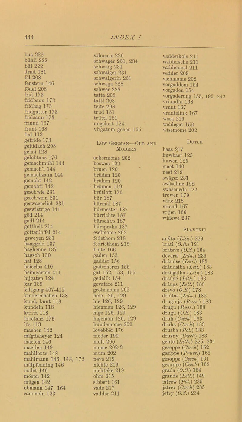 bua 222 biilili 222 bul 222 drucl 181 f41 208 fenstern 146 fddel 208 frid 173 fridbann 173 fridbag 173 fridgatter 173 fridzaun 173 friund 167 frunt 168 fud 113 gefride 173 gefiidacb 208 gohai 128 gelobtauz 176 gemachmiibl 144 gemach’l 144 gemachzaun 144 geraabt 142 gemahti 142 geschme 231 geschwein 231 geswagerlich 231 geswistrige 141 god 214 godl 214 gottbeit 214 gdttenldffel 214 gsweyen 231 baaggeld 137 bagbenne 137 bagscb 130 bai 128 beierlos 410 beimgarten 411 hijgaten 124 kar 189 kiltgang 407-412 kindermacben 138 kund, kunt 118 kundeln 118 kunta 118 lobetanz 176 los 113 machen 142 magdeheyer 124 maelen 146 maellen 149 mablleute 148 mahlmann 146, 148, 172 millpfenning 146 millet 146 mogen 142 miigen 142 obmann 147, 164 rammeln 123 sdbuerin 226 schwager 231, 234 scbwaig 231 sohwaiger 231 scbwaigeriu 231 scbwega 228 scbwer 228 tatte 208 tattl 208 teite 208 trud 181 triittl 181 ungebeit 124 virgatiim geben 155 Low German—Old and Modern ackermome 202 beswas 122 bruen 120 briiden 120 briihen 120 briimeu 119 brutloft 176 bur 187 bbrmai 187 burmester 187 bbrrichte 187 bfirscbap 187 bursprake 187 eselmome 202 fedetbom 218 fedrietbom 218 frijte 166 gaden 153 gadder 156 gaderberen 155 gat 152, 153, 155 gedelik 154 gevatere 211 groteniome 202 heie 126, 129 bie 126, 129 bienmau 126, 129 bige 126, 129 bigeman 126, 129 bundemome 202 lovebber 176 moder 199 molt 200 mome 202-3 mum 202 neve 219 niobte 219 niobteke 219 obm 215 sibbert 161 vade 217 vadder 211 vadderkols 211 vaddersohe 211 vadderspel 211 vedder 209 viehmome 202 vorgaddem 154 vorgaden 154 vorgaderung 155, 195, 242 vriundin 168 vruut 167 ■vTuntelink 167 wasa 216 weidegat 152 wisemome 202 Dutch baas ^17 huwbaer 125 huwen 125 maet 140 ueef 219 swager 231 swaseline 122 swaseuede 122 trowen 179 vade 218 vrieiid 167 vrijeii 166 widewe 237 Slavonic anyta {Lith.) 229 brati [O.S.) 121 bratsvo (O.S.) 164 deveris {Lith.) 236 draudse {Lett.) 183 draudsiba {Lett.) 183 draugalka {Lith.) 183 draflge {Lith.) 183 draugs {Lett.) 183 drevo {O.S.) 178 driiitas {Lith.) 182 druginja {Russ.) 183 drugu 183 drugu {O.S.) 183 drub {Czech) 183 druba {Czech) 183 druzba {Pol.) 183 druzuy {Czech) 183 gente {Lith.) 225, 234 geseppe {Czech) 162 gesippe {Pruss.) 162 gesoppe {Czech) 161 gesuppe {Czech) 162 grada {O.S.) 164 grauds {Lett.) 149 iatrew {Pol.) 235 jatrev {Czech) 235 jetry {O.S.) 234