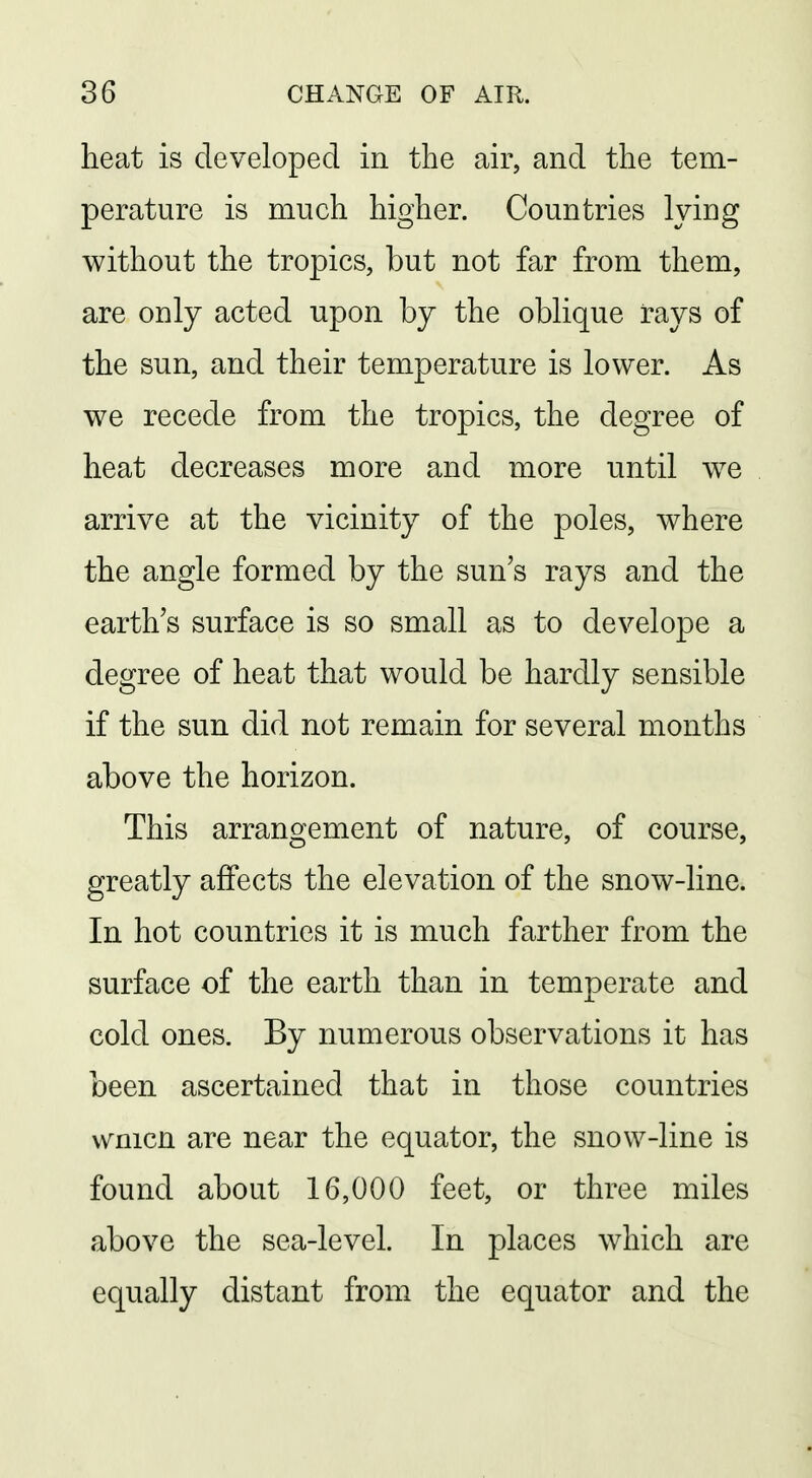 heat is developed in the air, and the tem- perature is much higher. Countries lying without the tropics, but not far from them, are only acted upon by the oblique rays of the sun, and their temperature is lower. As we recede from the tropics, the degree of heat decreases more and more until we arrive at the vicinity of the poles, where the angle formed by the sun's rays and the earth's surface is so small as to develope a degree of heat that would be hardly sensible if the sun did not remain for several months above the horizon. This arrangement of nature, of course, greatly affects the elevation of the snow-line. In hot countries it is much farther from the surface of the earth than in temperate and cold ones. By numerous observations it has been ascertained that in those countries w^nicn are near the equator, the snow-line is found about 16,000 feet, or three miles above the sea-level. In places which are equally distant from the equator and the