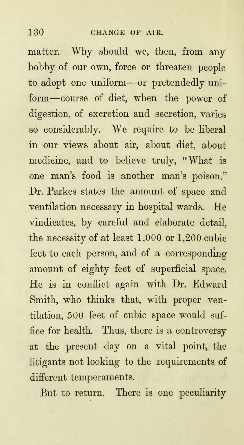 matter. Why should we, then, from any hobby of our own, force or threaten people to adopt one uniform—or pretendedly uni- form—course of diet, when the power of digestion, of excretion and secretion, varies so considerably. We require to be liberal in our views about air, about diet, about medicine, and to believe truly, What is one man's food is another man's poison. Dr. Parkes states the amount of space and ventilation necessary in hospital wards. He vindicates, by careful and elaborate detail, the necessity of at least 1,000 or 1,200 cubic feet to each person, and of a corresponding amount of eighty feet of superficial space. He is in conflict again with Dr. Edward Smith, who thinks that, with proper ven- tilation, 500 feet of cubic space would suf- fice for health. Thus, there is a controversy at the present day on a vital point, the litigants not looking to the requirements of difierent temperaments. But to return. There is one peculiarity