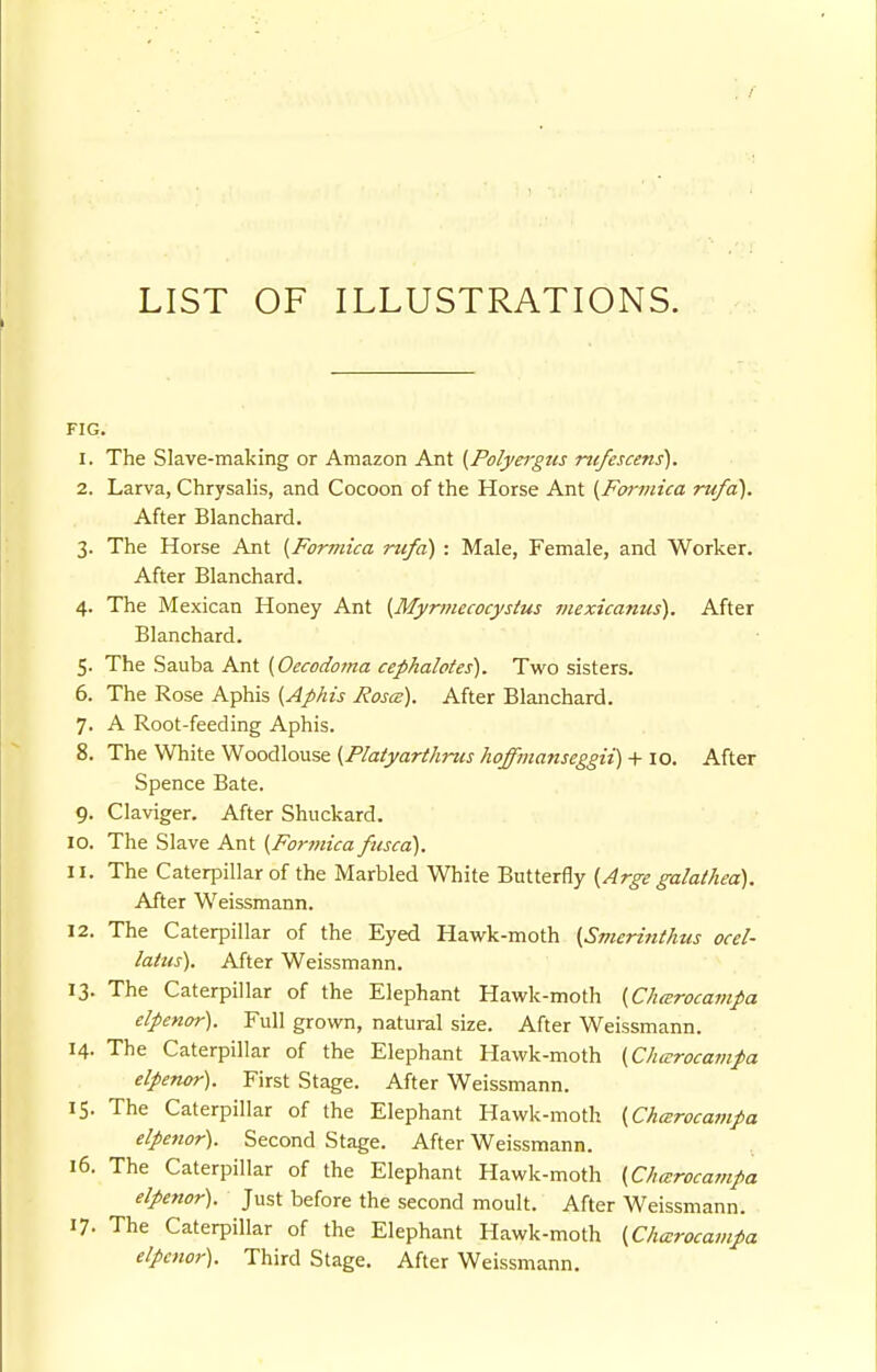 LIST OF ILLUSTRATIONS. FIG. 1. The Slave-making or Amazon Ant (Polyergus rtcfcscens). 2. Larva, Chrysalis, and Cocoon of the Horse Ant {Formica rufa). After Blanchard. 3. The Horse Ant {Formica rufa) : Male, Female, and Worker. After Blanchard. 4. The Mexican Honey Ant {Myr77iecocystus mexica?ms). After Blanchard. 5. The Sauba Ant {Oecodoma cephalotes). Two sisters. 6. The Rose Aphis {Aphis Rosce). After Blanchard. 7. A Root-feeding Aphis. 8. The White Woodlouse {Platyarthrus hofftnanseggii) + lo. After Spence Bate. 9. Claviger. After Shuckard. 10. The Slave Ant {Fonnica fusca). 11. The Caterpillar of the Marbled White Butterfly {Arge galathea). After Weissmann. 12. The Caterpillar of the Eyed Hawk-moth {Smerinthus ocel- latus). After Weissmann. 13. The Caterpillar of the Elephant Hawk-moth {Cheerocampa elpenor). Full grown, natural size. After Weissmann. 14. The Caterpillar of the Elephant Hawk-moth {Chccrocampa elpenor). First Stage. After Weissmann. 15. The Caterpillar of the Elephant Hawk-moth {Charocampa elpenor). Second Stage. After Weissmann. 16. The Caterpillar of the Elephant Hawk-moth {Charocampa elpenor). Just before the second moult. After Weissmann. 17. The Caterpillar of the Elephant Hawk-moth {Charocampa elpenor). Third Stage. After Weissmann.