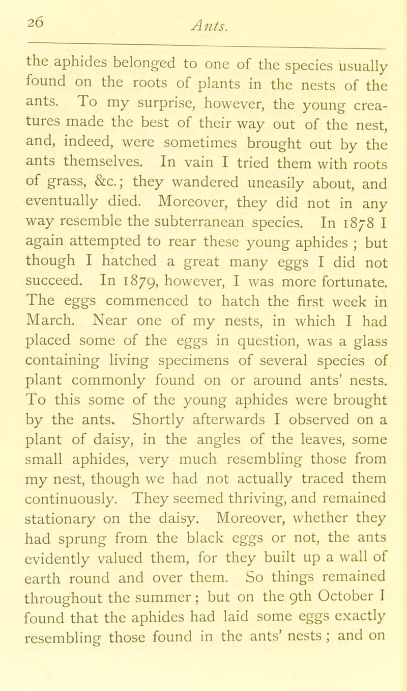 the aphides belonged to one of the species usually found on the roots of plants in the nests of the ants. To my surprise, however, the young crea- tures made the best of their way out of the nest, and, indeed, were sometimes brought out by the ants themselves. In vain I tried them with roots of grass, &c.; they wandered uneasily about, and eventually died. Moreover, they did not in any way resemble the subterranean species. In 1878 I again attempted to rear these young aphides ; but though I hatched a great many eggs I did not succeed. In 1879, however, I was more fortunate. The eggs commenced to hatch the first week in March. Near one of my nests, in which I had placed some of the eggs in question, was a glass containing living specimens of several species of plant commonly found on or around ants' nests. To this some of the young aphides were brought by the ants. Shortly afterwards I observed on a plant of daisy, in the angles of the leaves, some small aphides, very much resembling those from my nest, though we had not actually traced them continuously. They seemed thriving, and remained stationary on the daisy. Moreover, whether they had sprung from the black eggs or not, the ants evidently valued them, for they built up a wall of earth round and over them. So things remained throughout the summer; but on the 9th October I found that the aphides had laid some eggs exactly resembling those found in the ants' nests ; and on