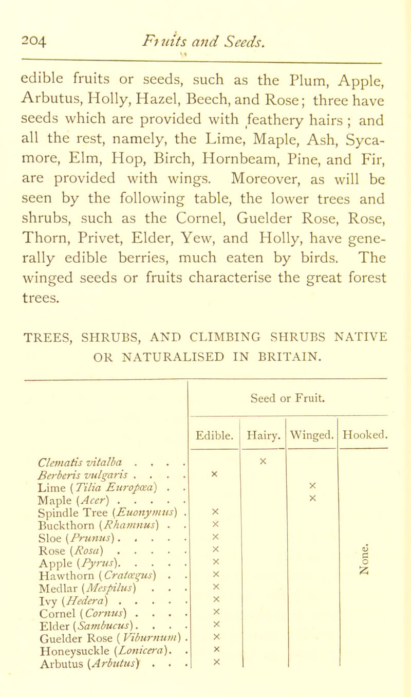 edible fruits or seeds, such as the Plum, Apple, Arbutus, Holly, Hazel, Beech, and Rose; three have seeds which are provided with feathery hairs ; and all the rest, namely, the Lime, Maple, Ash, Syca- more, Elm, Hop, Birch, Hornbeam, Pine, and Fir, are provided with wings. Moreover, as will be seen by the following table, the lower trees and shrubs, such as the Cornel, Guelder Rose, Rose, Thorn, Privet, Elder, Yew, and Holly, have gene- rally edible berries, much eaten by birds. The winged seeds or fruits characterise the great forest trees. TREES, SHRUBS, AND CLIMBING SHRUBS NATIVE OR NATURALISED IN BRITAIN. Seed or Fruit. Edible. Hairy. Winged. Hooked. Clematis vitalba .... X Berberis vulgaris .... X Lime ( Tilia Europcea) . . X X Spindle Tree (Euony»itis) . X Buckthorn [Rhamnus) . . X Sloe {Primus). . . . ■ X X «5 X o Hawthorn [Cratxgus) . . X Medlar (Mespilus) . . . X X Cornel (Cornns) . . . . X YXdiex {Safnbucus). . . . X Guelder Rose ( Vibuj-nuiii) . X Honeysuckle (Lonicera). . X Arbutus [Arbutus) . . . X