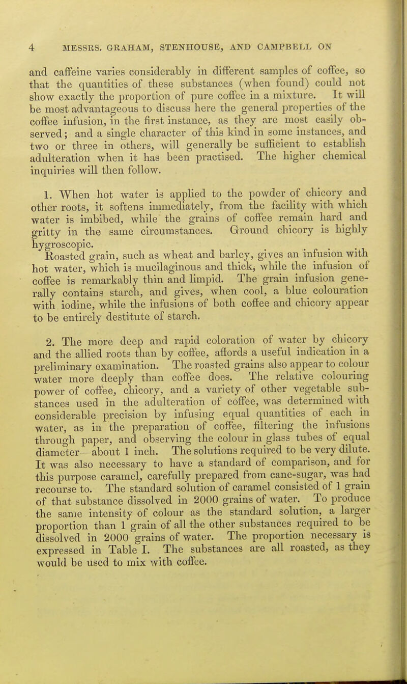 and caffeine varies considerably in different samples of coffee, so that the quantities of these substances (when found) could not show exactly the proportion of pure coffee in a mixture. ^ It will be most advantageous to discuss here the general properties of the coffee infusion, in the first instance, as they are most easily ob- served ; and a single character of this kind in some instances, and two or three in others, will generally be sufficient to establish adulteration when it has been practised. The higher chemical inquiries will then follow. 1. When hot water is applied to the powder of chicory and other roots, it softens immediately, from the facility with which water is imbibed, while the grains of coffee remain hard and gritty in the same circumstances. Ground chicory is highly hygroscopic. Roasted grain, such as wheat and barley, gives an infusion with hot water, which is mucilaginous and thick, while the infusion of coffee is remarkably thin and limpid. The grain infusion gene- rally contains starch, and gives, when cool, a blue_ colouration with iodine, while the infusions of both coffee and chicory appear to be entirely destitute of starch. 2. The more deep and rapid coloration of water by chicory and the allied roots than by coffee, affords a useful indication in a preliminary examination. The roasted grains also appear to colour water more deeply than coffee does. The relative colouring power of coffee, chicory, and a variety of other vegetable sub- stances used in the adulteration of coffee, was determined with considerable precision by infusing equal quantities of each in water, as in the preparation of coffee, filtering the infusions through paper, and observing the colour in glass tubes of equal diameter—about 1 inch. The solutions required to be very dilute. It was also necessary to have a standard of comparison, and for this purpose caramel, carefully prepared from cane-sugar, was had recourse to. The standard solution of caramel consisted of 1 grain of that substance dissolved in 2000 grains of water. _ To produce the same intensity of colour as the standard solution, a larger proportion than 1 grain of all the other substances required to be dissolved in 2000 grains of water. The proportion necessary is expressed in Table I. The substances are all roasted, as they would be used to mix with coffee.