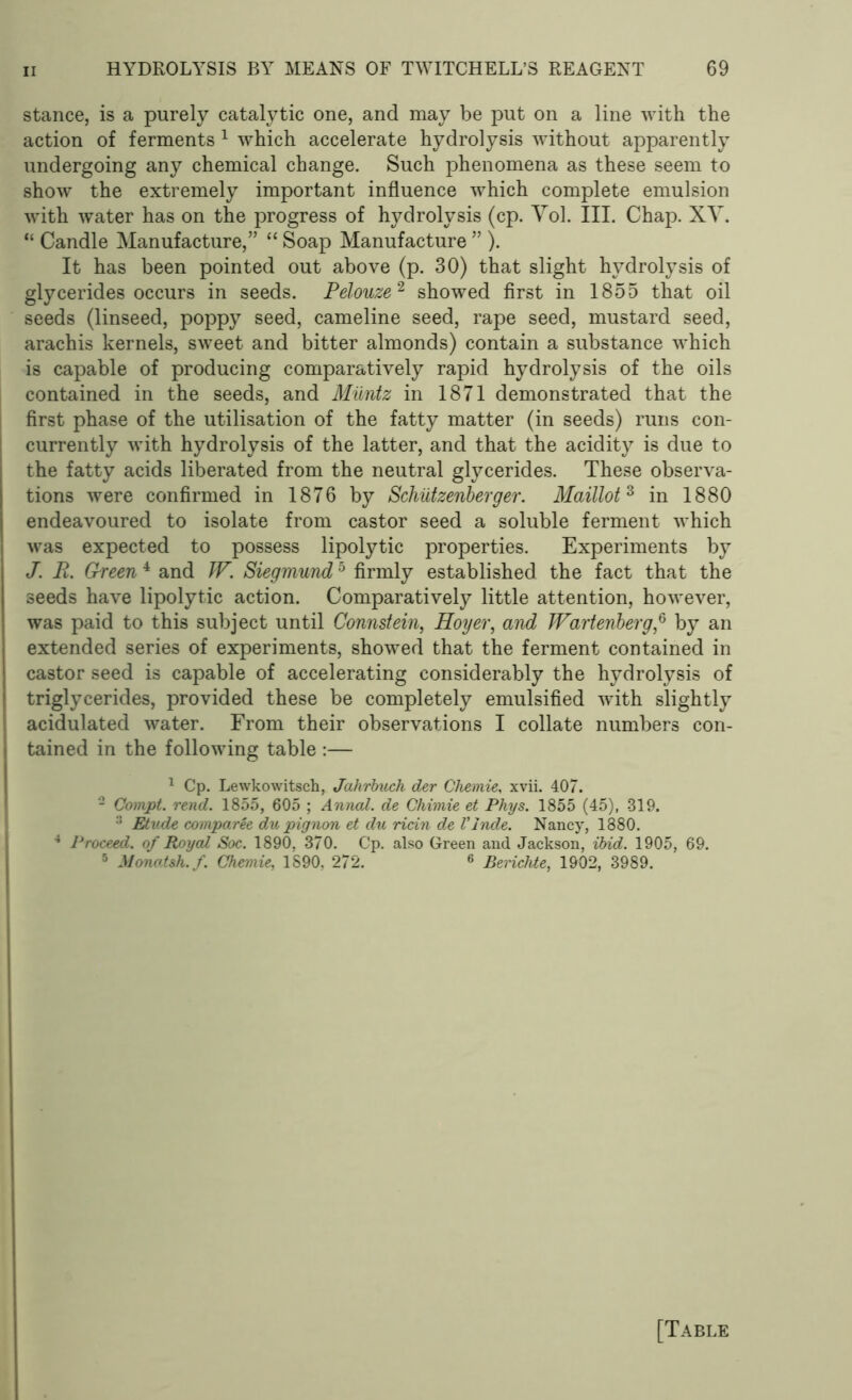 stance, is a purely catalytic one, and may be put on a line with the action of ferments 1 which accelerate hydrolysis without apparently undergoing any chemical change. Such phenomena as these seem to show the extremely important influence which complete emulsion with water has on the progress of hydrolysis (cp. Yol. III. Chap. XY. “ Candle Manufacture,” “ Soap Manufacture ” ). It has been pointed out above (p. 30) that slight hydrolysis of glycerides occurs in seeds. Pelouze2 showed first in 1855 that oil seeds (linseed, poppy seed, cameline seed, rape seed, mustard seed, arachis kernels, sweet and bitter almonds) contain a substance which is capable of producing comparatively rapid hydrolysis of the oils contained in the seeds, and Muntz in 1871 demonstrated that the first phase of the utilisation of the fatty matter (in seeds) runs con- currently with hydrolysis of the latter, and that the acidity is due to the fatty acids liberated from the neutral glycerides. These observa- tions were confirmed in 1876 by Schiitzenberger. Maillot3 in 1880 endeavoured to isolate from castor seed a soluble ferment which was expected to possess lipolytic properties. Experiments by J. JR. Green4 and W. Siegmund5 firmly established the fact that the seeds have lipolytic action. Comparatively little attention, however, was paid to this subject until Connstein, Hoyer, and Wartenberg,6 by an extended series of experiments, showed that the ferment contained in castor seed is capable of accelerating considerably the hydrolysis of triglycerides, provided these be completely emulsified with slightly acidulated water. From their observations I collate numbers con- tained in the following table :— 1 Cp. Lewkowitsch, Jahrbuch der Chemie, xvii. 407. 2 Compt. rend. 1855, 605 ; Anna!. de Chimie et Phys. 1855 (45), 319. :: Etude comparee du pig non et du ricin de Vinde. Nancy, 1880. 4 Proceed, of Royal Soc. 1890, 370. Cp. also Green and Jackson, ibid. 1905, 69. 5 Monatsh.f. Chemie, 1890, 272. 6 Berichte, 1902, 3989.