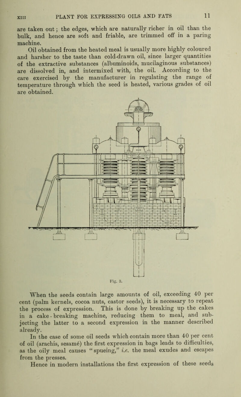 are taken out; the edges, which are naturally richer in oil than the bulk, and hence are soft and friable, are trimmed off in a paring machine. Oil obtained from the heated meal is usually more highly coloured and harsher to the taste than cold-drawn oil, since larger quantities of the extractive substances (albuminoids, mucilaginous substances) are dissolved in, and intermixed with, the oil. According to the care exercised by the manufacturer in regulating the range of temperature through which the seed is heated, various grades of oil are obtained. When the seeds contain large amounts of oil, exceeding 40 per cent (palm kernels, cocoa nuts, castor seeds), it is necessary to repeat the process of expression. This is done by breaking up the cakes in a cake - breaking machine, reducing them to meal, and sub- jecting the latter to a second expression in the manner described already. In the case of some oil seeds which contain more than 40 per cent of oil (arachis, sesam6) the first expression in bags leads to difficulties, as the oily meal causes “ spueing,” i.e. the meal exudes and escapes from the presses. Hence in modern installations the first expression of these seeds