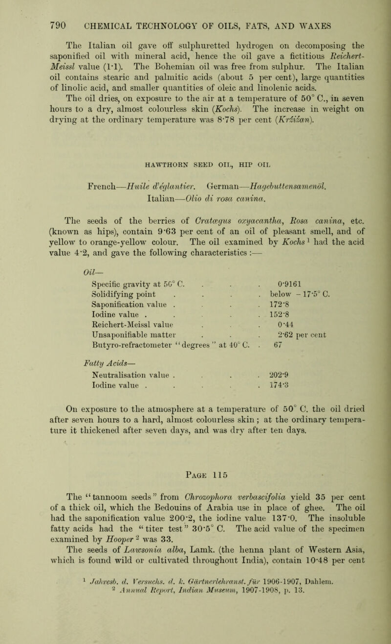 The Italian oil gave off sulphuretted hydrogen on decomposing the saponified oil with mineral acid, hence the oil gave a fictitious Reichert- Meissl value (1*1). The Bohemian oil was free from sulphur. The Italian oil contains stearic and palmitic acids (about 5 per cent), large quantities of linolic acid, and smaller quantities of oleic and linolenic acids. The oil dries, on exposure to the air at a temperature of 50° C., in seven hours to a dry, almost colourless skin (Kochs). The increase in weight on drying at the ordinary temperature was 8*78 per cent (.Kriizan). HAWTHORN SEED OIL, HIP OIL French—Huile d’eglantier. German—Hagebuttensamenol. Italian—Olio di rosa canina. The seeds of the berries of Gratcegus oxyacantha, Rosa canina, etc. (known as hips), contain 9 ‘63 per cent of an oil of pleasant smell, and of yellow to orange-yellow colour. The oil examined by Kochs1 had the acid value 4*2, and gave the following characteristics :— Oil— Specific gravity at 50° C. Solidifying point Saponification value . Iodine value ... Reichert-Meissl value Unsaponifiable matter Butyro-refractometer “degrees ” at 40° C. Fatty Acids— Neutralisation value .... 202*9 Iodine value . . .174*3 On exposure to the atmosphere at a temperature of 50° C. the oil dried after seven hours to a hard, almost colourless skin; at the ordinary tempera- ture it thickened after seven days, and was dry after ten days. below -17*5° C. 172*8 152*8 0*44 2*62 per cent 67 Page 115 The “tannoom seeds” from Ghrozophora verbascifolia yield 35 per cent of a thick oil, which the Bedouins of Arabia use in place of ghee. The oil had the saponification value 200*2, the iodine value 137*0. The insoluble fatty acids had the “titer test” 30*5° C. The acid value of the specimen examined by Hooper 2 was 33. The seeds of Lawsonia alba, Lamk. (the henna plant of Western Asia, which is found wild or cultivated throughout India), contain 10*48 per cent 1 Jahresb. d. Yersuchs. d. k. Gdrtnerlehranst. fur 1906-1907, Dahlem.