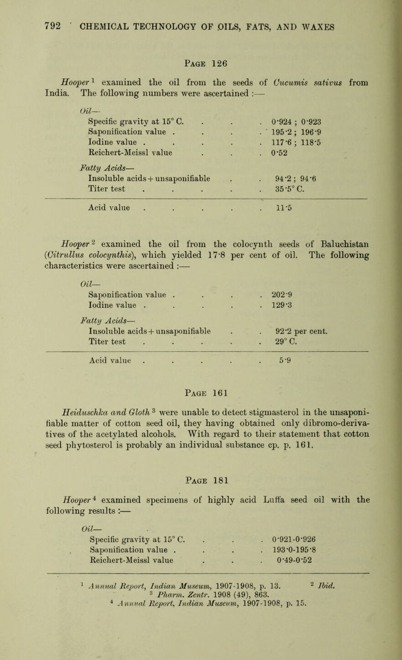 Page 126 Hooper1 examined the oil from the seeds of Cucumis sativus from India. The following numbers were ascertained :— Oil— Specific gravity at 15° C. Saponification value . Iodine value . Reichert-Meissl value Fatty Acids— Insoluble acids + unsaponifiable Titer test . 0*924 ; 0-923 . 195-2; 196*9 . 117-6; 118-5 . 0-52 94-2; 94-6 35-5° C. Acid value . . . . .11*5 Hooper2 examined the oil from the colocynth seeds of Baluchistan (Gitrullus colocynthis), which yielded 17*8 per cent of oil. The following characteristics were ascertained :— Oil— Saponification value . Iodine value . Fatty Acids— Insoluble acids + unsaponifiable Titer test 202-9 129-3 92*2 per cent. 29° C. Acid value . . . . .5*9 Page 161 Heiduschka and Gloth 3 were unable to detect stigmasterol in the unsaponi- fiable matter of cotton seed oil, they having obtained only dibromo-deriva- tives of the acetylated alcohols. With regard to their statement that cotton seed phytosterol is probably an individual substance cp. p. 161. Page 181 Hooper4 examined specimens of highly acid Luffa seed oil with the following results :— Oil— Specific gravity at 15° C. . . . 0'921-0’926 Saponification value .... 193-0-195*8 Reichert-Meissl value . . . 0 49-0 52 1 Annual Report, Indian Museum, 1907-1908, p. 13. 2 Ibid. 3 Pharm. Zentr. 1908 (49), 863.