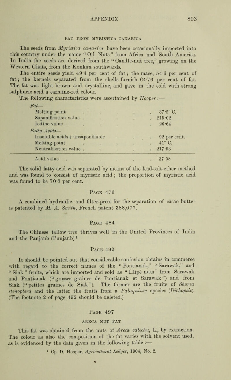 FAT FROM MYRISTICA CANARICA The seeds from Myristica canarica have been occasionally imported into this country under the name “ Oil Nuts ” from Africa and South America. In India the seeds are derived from the “ Candle-nut tree,” growing on the Western Ghats, from the Konkan southwards. The entire seeds yield 49'4 per cent of fat; the mace, 54-6 per cent of fat; the kernels separated from the shells furnish 64-76 per cent of fat. The fat was light brown and crystalline, and gave in the cold with strong sulphuric acid a carmine-red colour. The following characteristics were ascertained by Hooper :— Fat— Melting point Saponification value . Iodine value . Fatty Acids— Insoluble acids + unsaponifiable Melting point Neutralisation value . 37*5° C. 215-02 26*64 92 per cent. 41° C. 217*53 Acid value . . . . . .37*08 The solid fatty acid was separated by means of the lead-salt-ether method and was found to consist of myristic acid ; the proportion of myristic acid was found to be 70*8 per cent. Page 476 A combined hydraulic- and filter-press for the separation of cacao butter is patented by M. A. Smith, French patent 388,077. Page 484 The Chinese tallow tree thrives well in the United Provinces of India and the Panjaub (Punjaub).1 Page 492 It should be pointed out that considerable confusion obtains in commerce with regard to the correct names of the “ Pontianak,” “ Sarawak,” and “ Siak ” fruits, which are imported and sold as “ Illipe nuts ” from Sarawak and Pontianak (“grosses graines de Pontianak et Sarawak”) and from Siak (“petites graines de Siak”). The former are the fruits of Shorea stenoptera and the latter the fruits from a Palaquium species (Dichopsis). (The footnote 2 of page 492 should be deleted.) Page 497 ARECA NUT FAT This fat was obtained from the nuts of Areca catechu, L., by extraction. The colour as also the composition of the fat varies with the solvent used, as is evidenced by the data given in the following table :— 1 Cp. D. Hooper, Agricultural Ledger, 1904, No. 2.