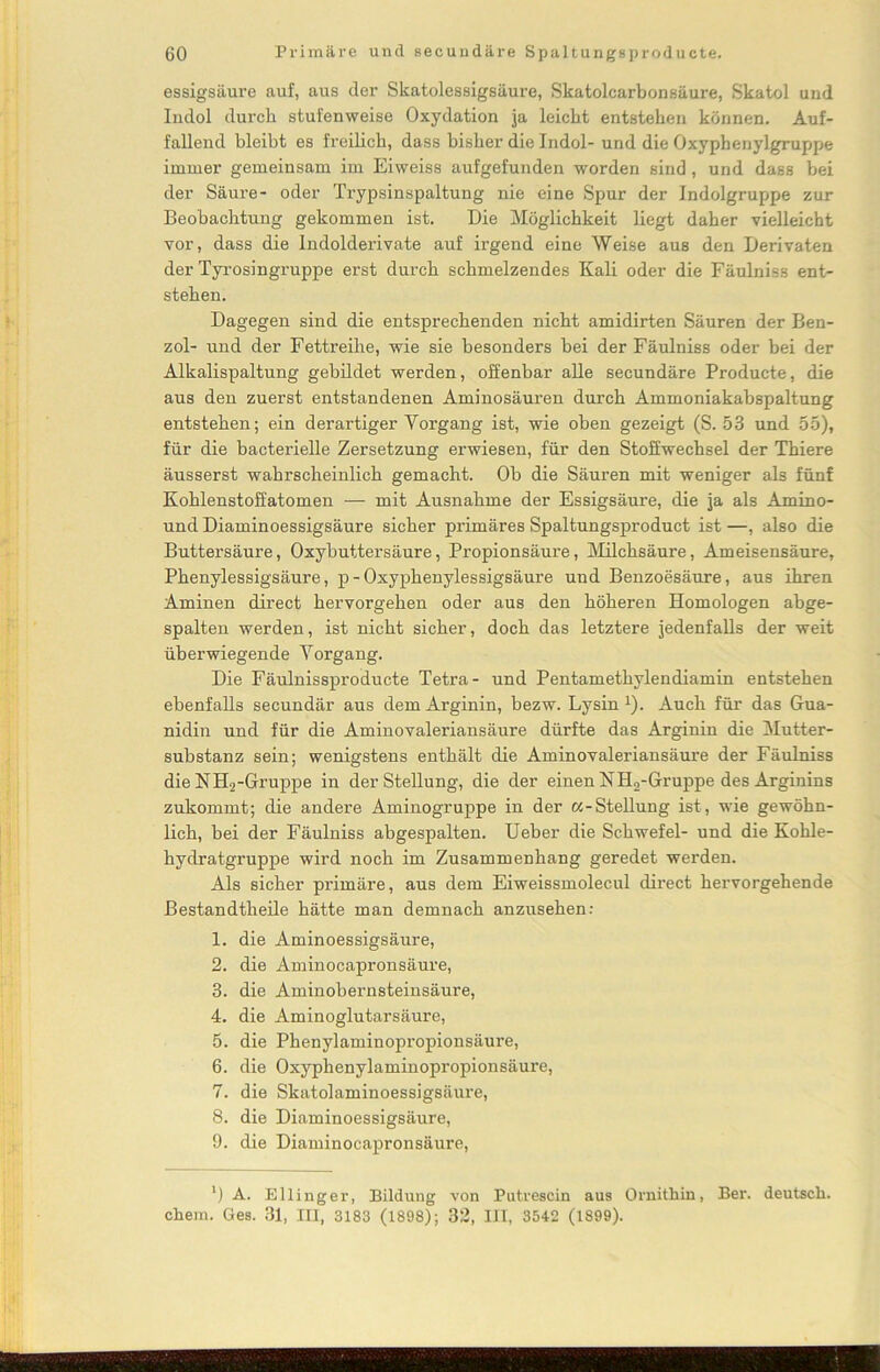 essigsäure auf, aus der Skatolessigsäure, Skatolcarbonsäure, Skatol und Indol durch stufenweise Oxydation ja leicht entstehen können. Auf- fallend bleibt es freilich, dass bisher die Indol- und die Oxyphenylgruppe immer gemeinsam im Eiweiss aufgefunden worden sind , und dass bei der Säure- oder Trypsinspaltung nie eine Spur der Indolgruppie zur Beobachtung gekommen ist. Die Möglichkeit liegt daher vielleicht vor, dass die Indolderivate auf irgend eine Weise aus den Derivaten der Tyrosingruppe erst durch schmelzendes Kali oder die Fäulniss ent- stehen. Dagegen sind die entsprechenden nicht amidirten Säuren der Ben- zol- und der Fettreihe, wie sie besonders bei der Fäulniss oder bei der Alkalispaltung gebildet werden, offenbar alle secundäre Pi’oducte, die aus den zuerst entstandenen Aminosäui’en durch Ammoniakabspaltung entstehen; ein derartiger Vorgang ist, wie oben gezeigt (S. 53 und 55), für die bacterielle Zersetzung erwiesen, für den Stoffwechsel der Thiere äusserst wahrscheinlich gemacht. Ob die Säuren mit weniger als fünf Kohlenstoffatomen — mit Ausnahme der Essigsäure, die ja als Amino- und Diaminoessigsäure sicher primäres Spaltungsproduct ist —, also die Buttersäure, Oxybuttersäure, Propionsäure, Milchsäure, Ameisensäure, Phenylessigsäure, p-Oxyphenylessigsäure und Benzoesäure, aus ihren Aminen direct hervorgehen oder aus den höheren Homologen abge- spalten werden, ist nicht sicher, doch das letztere jedenfalls der weit überwiegende Vorgang. Die Fäulnissproducte Tetra- und Pentamethylendiamin entstehen ebenfalls secundär aus demArginin, bezw. Lysin1). Auch für das Gua- nidin und für die Aminovaleriansäure dürfte das Arginin die Mutter- substanz sein; wenigstens enthält die Aminovaleriansäure der Fäulniss die NIL,-Gruppe in der Stellung, die der einen NH2-Gruppe desArginins zukommt; die andere Aminogruppe in der «-Stellung ist, wie gewöhn- lich, bei der Fäulniss abgespalten. Ueber die Schwefel- und die Kohle- hydratgruppe wird noch im Zusammenhang geredet werden. Als sicher primäre, aus dem Eiweissmolecul direct hervorgehende Bestandtheile hätte man demnach anzusehen: 1. die Aminoessigsäure, 2. die Aminocapronsäure, 3. die Aminobernsteinsäure, 4. die Aminoglutarsäure, 5. die Phenylaminopropionsäure, 6. die Oxyphenylaminopropionsäure, 7. die Skatolaminoessigsäure, 8. die Diaminoessigsäure, 9. die Diaminocapronsäure, ') A. Ellinger, Bildung von Putvescin aus Ornithin, Ber. deutsch, chem. Ges. 31, III, 3183 (1898); 32, III, 3542 (1899).