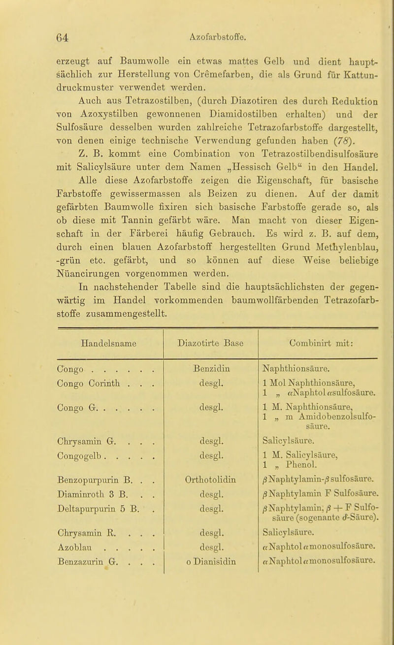 erzeugt auf Baumwolle ein etwas mattes Gelb und dient haupt- sächlich zur Herstellung von Cremefarben, die als Grund für Kattun- druckmuster verwendet werden. Auch aus Tetrazostiiben, (durch Diazotiren des durch Reduktion von Azoxystilben gewonnenen Diamidostilben erhalten) und der Sulfosäure desselben wurden zahlreiche Tetrazofarbstoffe dargestellt, von denen einige technische Verwendung gefunden haben (78). Z. B. kommt eine Combination von Tetrazostilbendisulfosäure mit Salicylsäure unter dem Namen „Hessisch Gelb in den Handel. Alle diese Azofarbstoffe zeigen die Eigenschaft, für basische Farbstoffe gewissermassen als Beizen zu dienen. Auf der damit gefärbten Baumwolle fixiren sich basische Farbstoffe gerade so, als ob diese mit Tannin gefärbt wäre. Man macht von dieser Eigen- schaft in der Färberei häufig Gebrauch. Es wird z. B. auf dem, durch einen blauen Azofarbstoff hergestellten Grund Methylenblau, -grün etc. gefärbt, und so können auf diese Weise beliebige Nüancirungen vorgenommen werden. In nachstehender Tabelle sind die hauptsächlichsten der gegen- wärtig im Handel vorkommenden baumwollfärbenden Tetrazofarb- stoffe zusammengestellt. Handelsname Diazotirte Base Combinirt mit: Benzidin Naphthionsäure. Congo Gorinth . . . desgl. 1 Mol Naphthionsäure, 1 „ «Naphtol «sulfosäure. desgl. 1 M. Naphthionsäure, 1 „ m Amidobenzolsulfo- säiu-e. Chrysamin G. . . . desgl. Salicylsäure. desgl. 1 M. SaUcylsäure, 1 „ Phenol. Benzopurpmin B. . . OrthotoHdin /jNaphtylamin-/? sulfosäure. Diamim'oth 3 B. . . desgl. jSNaphtylamin F Sulfosäure. Deltapurpurin 5 B. desgl. /SNaphtylamin, /S -f F Sulfo- säure (sogenaate cT-Säure). Chrysamin R. . . . desgl. Salicylsäure. desgl. « Naphtol« monosulfosäure. Benzazurin G. . . . 0 Dianisidin «NaphtoI«monosulfosäure.