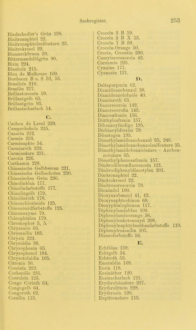 Bindscliedler's Grün 128. JBinitronapIitol 22. Bmitronaphtolsulfosäuro 23. Binitrokresol 22. Bismarckbrann 39. Bittennandolölgrün 90. Bixin 224. Blauholz 215. Bleu de Mulhouse 109. Bordeau.N; B u. S 52, 53. Brasilein 218. Brasilia 217. Brillantcrocein 59. Brillantgelb 65. Brillantgrün 93. Brillantscharlach 54. C. Cachou de Laval 239. Campecheholz 215. Canarin 212. Carmin 233. Carminaphte 54. Carminroth 232. Carminsäure 231. Carotin 226. Carthamin 228. Chinesische Gelbbeeren 221. Chinesische Gelbschoten 230. Chinesisches Grün 230. Chinolinblau 177. Chinolinfarbstoffe 177. Chinolingelb 179. Chinolinroth 178. Chinonchlorimide 125. Chinoniraidfarbstoffe 125. Chinonoxyme 79. Cliinophtalon 179. Chromophor 3, 5. Clirysaniin 63. Clirysanilin 183. Chrjsin 224. Chrysoidin 38. Chrysophenin 65. Chrysoplienol 184. Chrysotoluidin 105. Citronin 36. Coccinin 232. Cochenille 231. Coerule'in 123. Congo Corinth 64. Congogelb 64. (Jongorotli 62. Corallin 113. Croccin 3 B 59. Crocein 3 B X 53. Crocoin 7 B 59. Croce'in-Orange 50. Crocin, Crocetin 230. Cumylazoresorcin 42. Curcumin 225. Cyanine 177. Cyanosin 121. D. Deltapurpurin 62. Diamidoazobenzol 38. Diamidoazotoliiole 40. Diaminroth 63. Diazoresorcin 142. Diazoresorufin 143. Diazosafranin 156. Diätbylsafranin 157. Dibenzoylindigo 195. Dichinoyldioxim 79. Diisatogen 193. Dimethylamidoazobenzol 35, 246. DimethylamidoazobenzolsuKosäure 35. Dimethylamidobenzoesäure - Azoben- zoesäure 55. Dimethylphenosafranin 157. Dinitrodibromfluorescein 121. Dinitrodiphenyldiacetylen 201. Dinitronaphtol 22. Dinitrokresol 22. Dinitrosoresorcin 79. Dioxindol 190. Dioxyazobenzol 41, 42. Dioxynaphtochinon 68. Dioxyphtalophenon 117. Dipheuylaminblau 109. Diphenylarainorange 36. Diphenylenketonoxyd 208. Diphenylnaphtylmethanfarbstoffe 110. Diphenylrosanilin 107. Disazofarbstoffe 56. E. Echtblau 139. Echtgelb 34. Echtroth 53. Emcraldin 168. Eosin 118. Eosinäther 120. Eosinscharlach 121. Erythrole'insiiuro 227. Erythrolitniin 228. Erythrosiu 120. Eupittonsäure 113.