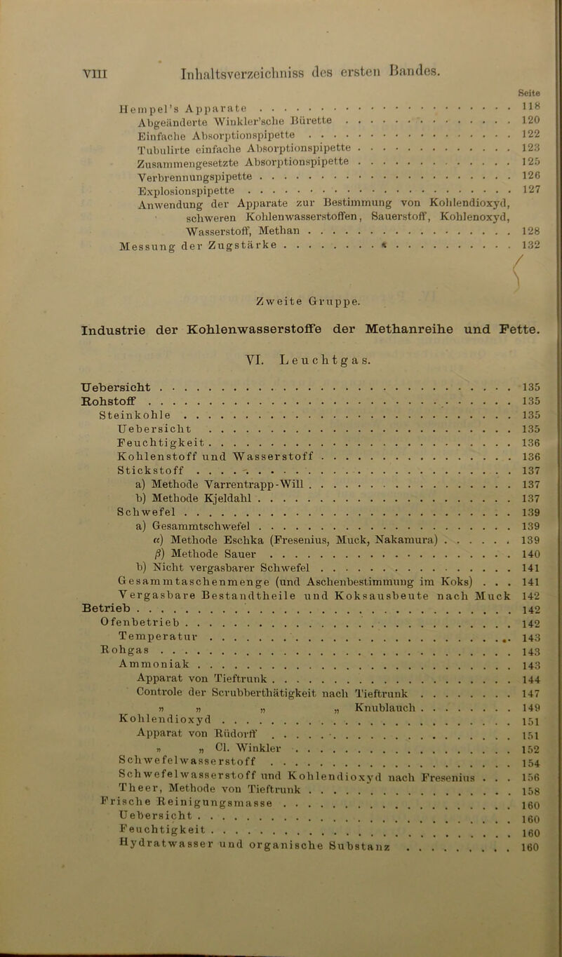 Seite Hempel’s Apparate Abgeänderte Winkler’sche Bürette 120 Einfache Absorptionspipette 122 Tubulirte einfache Absorptionspipette 123 Zusammengesetzte Absorptionspipette 125 Verbrennungspipette 126 Explosionspipette 127 Anwendung der Apparate zur Bestimmung von Kohlendioxyd, schweren Kohlenwasserstoffen, Sauerstoff, Kohlenoxyd, Wasserstoff, Methan 128 Messung der Zugstärke * 132 f Zweite Gruppe. Industrie der Kohlenwasserstoffe der Methanreihe und Fette. VI. Leuchtgas. Uebersicht 135 Rohstoff 135 Steinkohle 135 Uebersicht 135 Feuchti gkeit 136 Kohlenstoff und Wasserstoff 136 Stickstoff 137 a) Methode Varrentrapp-Will 137 b) Methode Kjeldahl 137 Schwefel 139 a) Gesammtschwefel 139 «) Methode Eschka (Fresenius, Muck, Nakamura) 139 ß) Methode Sauer 140 b) Nicht vergasbarer Schwefel 141 Gesammtaschenmenge (und Aschenbestimmung im Koks) . . . 141 Vergasbare Bestandteile uud Koksausbeute nach Muck 142 Betrieb 142 Ofenbetrieb 142 Temperatur 143 Rohgas Ammoniak 143 Apparat von Tieftrunk 144 Controle der Scrubberthätigkeit nach Tieftrunk 147 n » „ „ Knublaucli 149 Kohlendioxyd 151 Apparat von Riidorft' 151 n „ CI. Winkler 152 Schwefelwasserstoff 154 Schwefelwasserstoff und Kohlendioxjrd nach Fresenius . . . 156 Theer, Methode von Tieftrunk 158 Frische Reinigungsmasse Uebersicht ... 160 Feuchtigkeit > 100 Hydratwasser und organische Substanz 160