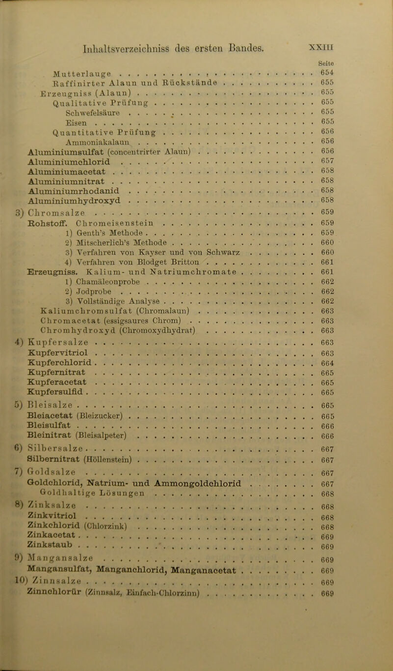 Seito Mutterlauge 654 Raffinirter Alaun und Rückstände 655 Erzeugniss (Alaun) 655 Qualitative Prüfung 655 Schwefelsäure : 655 Eisen 655 Quantitative Prüfung 656 Ammoniakalaun 656 Aluminiumsiilfat (concentrirter Alaun) 656 Aluminrumchlorid 657 Aluminiumacetat 658 Aluminiumnitrat 658 Aluminiumrhodanid 658 Aluminiumhydroxyd 658 3) Chromsalze 659 Rohstoff. Chromeisenstein 659 1) Genth’s Methode 659 2) Mitscherlich’s Methode 660 3) Verfahren von Kaj'ser und von Schwarz 660 4) Verfahren von Blodget Britton 661 Erzeugniss. Kalium- und Natriumchromate 661 1) Chamäleonprobe 662 2) Jodprobe 662 3) Vollständige Analyse 662 Kaliumchromsulfat (Chromalaun) 663 Chromacetat (essigsaures Chrom) 663 Chromhydroxyd (Chromoxydhydrat) 663 4) Kupfersalze 663 Kupfervitriol * 663 Kupferehlorid 664 Kupfernitrat 665 Kupferaeetat 665 Kupfer sulfid 665 5) Bleisalze 665 Bleiacetat (Bleizucker) 665 Bleisulfat 666 Bleinitrat (Bleisalpeter) 666 6) Silbersalze 667 Silbernitrat (Höllenstein) 667 7) Goldsalze 667 Goldehlorid, Natrium- und Ammongoldchlorid 667 Goldhaltige Lösungen 668 8) Zinksalze 668 Zinkvitriol 668 Zinkchlorid (Chlorzink) 668 Zinkacetat 669 Zinkstaub 669 9) Mangansalze 669 Mangansulfat, Manganchloridj Manganacetat 669 10) Zinn salze 669 Zinnchlorür (Zinusalz, Einfach-Chlorzinn) 669