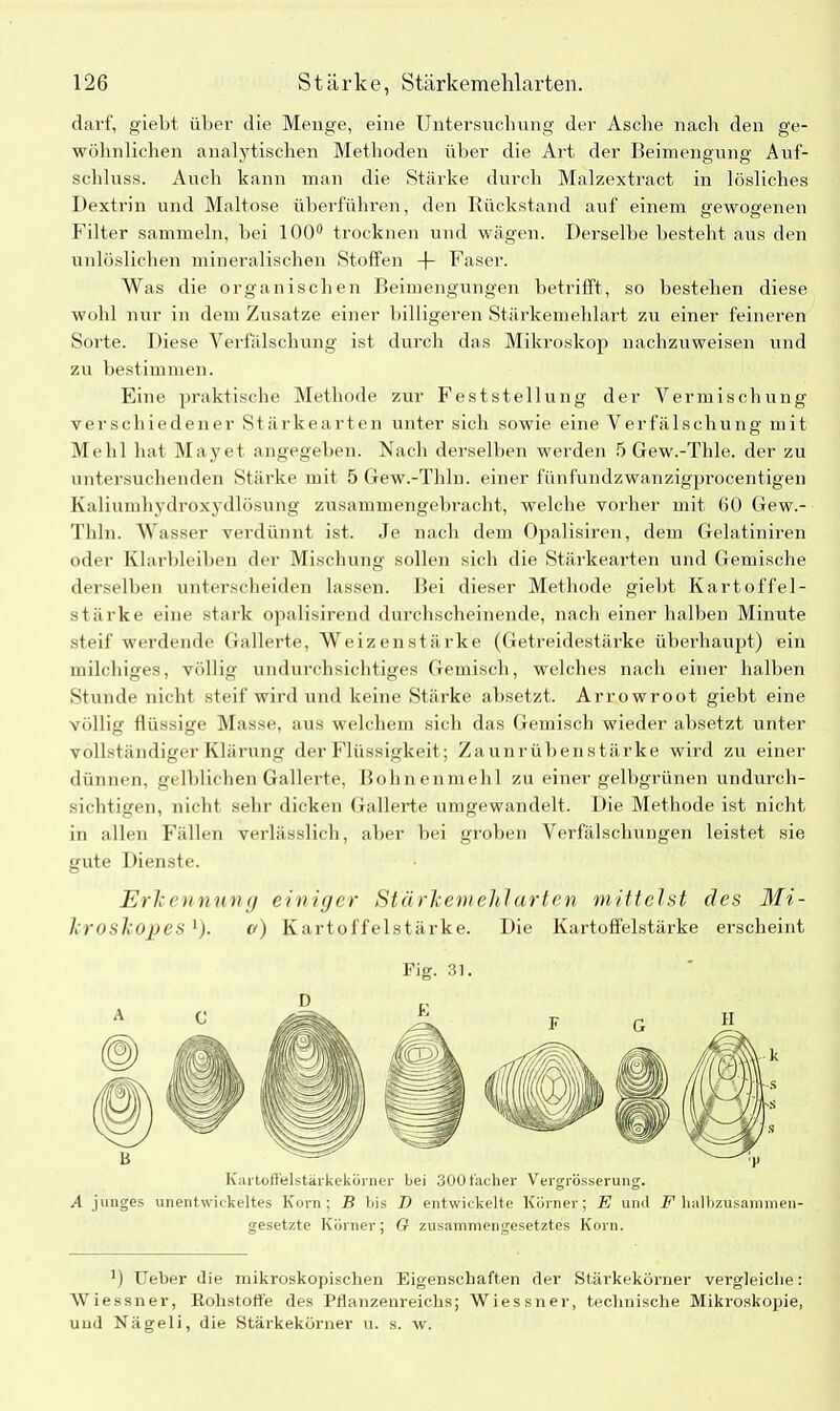 darf, gieht über die Menge, eine Untersuchung der Asche nach den ge- wöhnlichen analytischen Methoden über die Art der Beimengung Auf- schluss. Auch kann man die Stärke durch Malzextract in lösliches Dextrin und Maltose überführen, den Rückstand auf einem gewogenen Filter sammeln, bei 100° trocknen und wägen. Derselbe besteht aus den unlöslichen mineralischen Stoffen -f- Faser. Was die organischen Beimengungen betrifft, so bestehen diese wohl nur in dem Zusatze einer billigeren Stärkemehlart zu einer feineren Sorte. Diese Verfälschung ist durch das Mikroskop nachzuweisen und zu bestimmen. Eine praktische Methode zur Feststellung der Vermischung verschiedener Stärkearten unter sich sowie eine Verfälschung mit Mehl hat Mayet angegeben. Nach derselben werden 5 Gew.-Thle. der zu untersuchenden Stärke mit 5 Gew.-Thln. einer fünfundzwanzigprocentigen Kaliumhydroxydlösung zusammengebracht, welche vorher mit 60 Gew.- Thln. Wasser verdünnt ist. Je nach dem Opalisiren, dem Gelatiniren oder Klarbleiben der Mischung sollen sich die Stärkearten und Gemische derselben unterscheiden lassen. Bei dieser Methode gieht Kartoffel- stärke eine stark opalisirend durchscheinende, nach einer halben Minute steif werdende Gallerte, Weizenstärke (Getreidestärke überhaupt) ein milchiges, völlig undurchsichtiges Gemisch, welches nach einer halben Stunde nicht steif wird und keine Stärke absetzt. Arrowroot gieht eine völlig flüssige Masse, aus welchem sich das Gemisch wieder absetzt unter vollständiger Klärung der Flüssigkeit; Zaunrübenstärke wird zu einer dünnen, gelblichen Gallerte, Bohnenmehl zu einer gelbgrünen undurch- sichtigen, nicht sehr dicken Gallerte umgewandelt. Die Methode ist nicht in allen Fällen verlässlich, aber bei groben Verfälschungen leistet sie gute Dienste. Erkennung einiger Stärkemehl arten mittelst des Mi- kroskop) es '). o) Kartoffelstärke. Die Kartoffelstärke erscheint Fig. 31. Kartoffelstärkekörner bei 300facher Vergrösserung. A junges unentwickeltes Korn; B bis T) entwickelte Körner; E und F halbzusammen- gesetzte Körner; G zusammengesetztes Korn. 1) Ueber die mikroskopischen Eigenschaften der Stärkekörner vergleiche: Wiessner, Bohstoffe des Pflanzenreichs; Wiessner, technische Mikroskopie, und Nägeli, die Stärkekörner u. s. w.