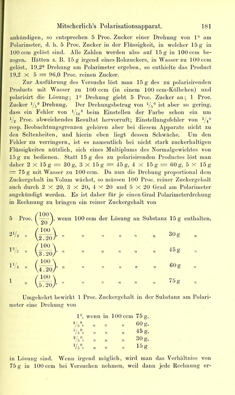 ankündigen, so entsprechen 5 Proc. Zucker einer Drehung von 1 am Polarimeter, d. h. 5 Proc. Zucker in der Flüssigkeit, in welcher 15g in 100 ccm gelöst sind. Alle Zahlen werden also auf 15 g in 100 ccm be- zogen. Hätten z. B. 15 g irgend eines Rohzuckers, in Wasser zu 100 ccm gelöst, 19,2° Drehung am Polarimeter ergehen, so enthielte das Product 19,2 X 5 — 96,0 Proc. reinen Zucker. Zur Ausführung des Versuchs löst man 15 g des zu polarisirenden Products mit Wasser zu 100 ccm (in einem 100 ccm-Kölbchen) und polarisirt die Lösung; 1° Drehung giebt 5 Proc. Zucker an; 1 Proc. Zucker l/-30 Drehung. Der Drehungsbetrag von 1/'5 0 ist aber so gering, dass ein Fehler von 1/10° beim Einstellen der Farbe schon ein um y2 Proc. abweichendes Resultat hervorruft; Einstellungsfehler von 1 (40 resp. Beobachtungsgrenzen gehören aber bei diesem Apparate nicht zu den Seltenheiten, und hierin eben liegt dessen Schwäche. Um den Fehler zu verringern, ist es namentlich bei nicht stark zuckerhaltigen Flüssigkeiten nützlich, sich eines Multiplums des Normalgewichtes von 15 g zu bedienen. Statt 15 g des zu polarisirenden Productes löst man daher 2xl5g = 30g, 3xl5g = 45g, 4x 15 g 60 g, 5 X 15g = 75 g mit Wasser zu 100 ccm. Da nun die Drehung proportional dem Zuckergehalt im Volum wächst, so müssen 100 Proc. reiner Zuckergehalt auch durch 2 X 20, 3 X 20, 4 X 20 und 5 X 20 Grad am Polarimeter angekündigt werden. Es ist daher für je einen Grad Polarimeterdrehung in Rechnung zu bringen ein reiner Zuckergehalt von 5 Proc. weim 100 ccm der Lösung an Substanz 15 g enthalten, 21/, „ 17« „ i'/t „ i /um\ \2.20 /’ (100) \3.20/ 100 (4.20/ 100 \ Ü2Ö> 30g 45 g 60 g 75 g Umgekehrt bewirkt 1 Proc. Zuckergehalt in der Substanz am Polari- meter eine Drehung von 1°, wenn in 100 ccm 75 g, 4/d°> .1 » n 60 g, 75°, „ „ „ 45 g, 7s0, » „ „ 30 g, 75°, 15g in Lösung sind. Wenn irgend möglich, wird man das Verhältniss von 75 g in 100 ccm bei Versuchen nehmen, weil dann jede Rechnung er-