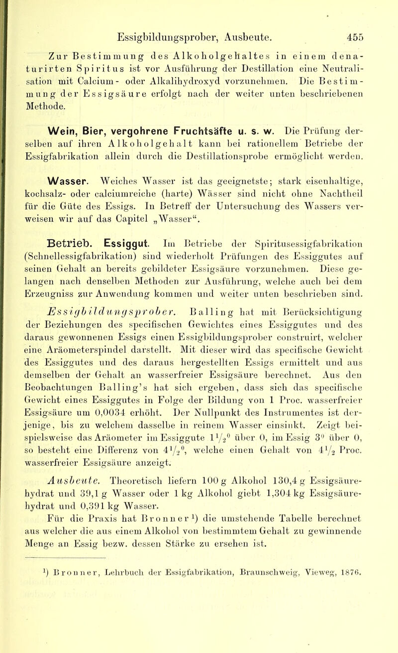 Zur Bestimmung des Alkoholgehaltes in einem dena- turirten Spiritus ist vor Ausführung der Destillation eine Neutrali- sation mit Calcium- oder Alkalihydroxyd vorzunehmen. Die Bestim- mung der Essigsäure erfolgt nach der weiter unten beschriebenen Methode. Wein, Bier, vergohrene Fruchtsäfte u. s. w. Die Prüfung der- selben auf ihren Alkoholgehalt kann bei rationellem Betriebe der Essigfabrikation allein durch die Destillationsprobe ermöglicht werden. Wasser. Weiches Wasser ist das geeignetste; stark eisenhaltige, kochsalz- oder calciumreiche (harte) Wässer sind nicht ohne Nachtheil für die Güte des Essigs. In Betreff der Untersuchung des Wassers ver- weisen wir auf das Capitel „Wasser“. Betrieb. Essiggut. Im Betriebe der Spiritusessigfabrikation (Schnellessigfabrikation) sind wiederholt Prüfungen des Essiggutes auf seinen Gehalt an bereits gebildeter Essigsäure vorzunehmen. Diese ge- langen nach denselben Methoden zur Ausführung, welche auch bei dem Erzeugniss zur Anwendung kommen und weiter unten beschrieben sind. Essigbildung § prober. Balling hat mit- Berücksichtigung der Beziehungen des specilischen Gewichtes eines Essiggutes und des daraus gewonnenen Essigs einen Essigbildungsprober construirt, welcher eine Aräometerspindel darstellt. Mit dieser wird das specifische Gewicht des Essiggutes und des daraus hergestellten Essigs ermittelt und aus demselben der Gehalt an wasserfreier Essigsäure berechnet. Aus den Beobachtungen Balling’s hat sich ergeben, dass sich das specifische Gewicht eines Essiggutes in Folge der Bildung von 1 Proc. wasserfreier Essigsäure um 0,0034 erhöht. Der Nullpunkt des Instrumentes ist der- jenige, bis zu welchem dasselbe in reinem Wasser einsinkt. Zeigt bei- spielsweise das Aräometer im Essiggute l1/^0 über 0, im Essig 3° über 0, so besteht eine Differenz von 41/a°, welche einen Gehalt von 4x/2 Proc. wasserfreier Essigsäure anzeigt. A usbeute. Theoretisch liefern 100 g Alkohol 130,4 g Essigsäure- hydrat und 39,1g Wasser oder 1kg Alkohol giebt 1,304 kg Essigsäure- hydrat und 0,391 kg Wasser. Für die Praxis hat Bronner1) die umstehende Tabelle berechnet aus welcher die aus einem Alkohol von bestimmtem Gehalt zu gewinnende Menge an Essig bezw. dessen Stärke zu ersehen ist. :) Bronner, Lehrbuch der Essigfabrikation, Braunschweig, Vieweg, 1876.