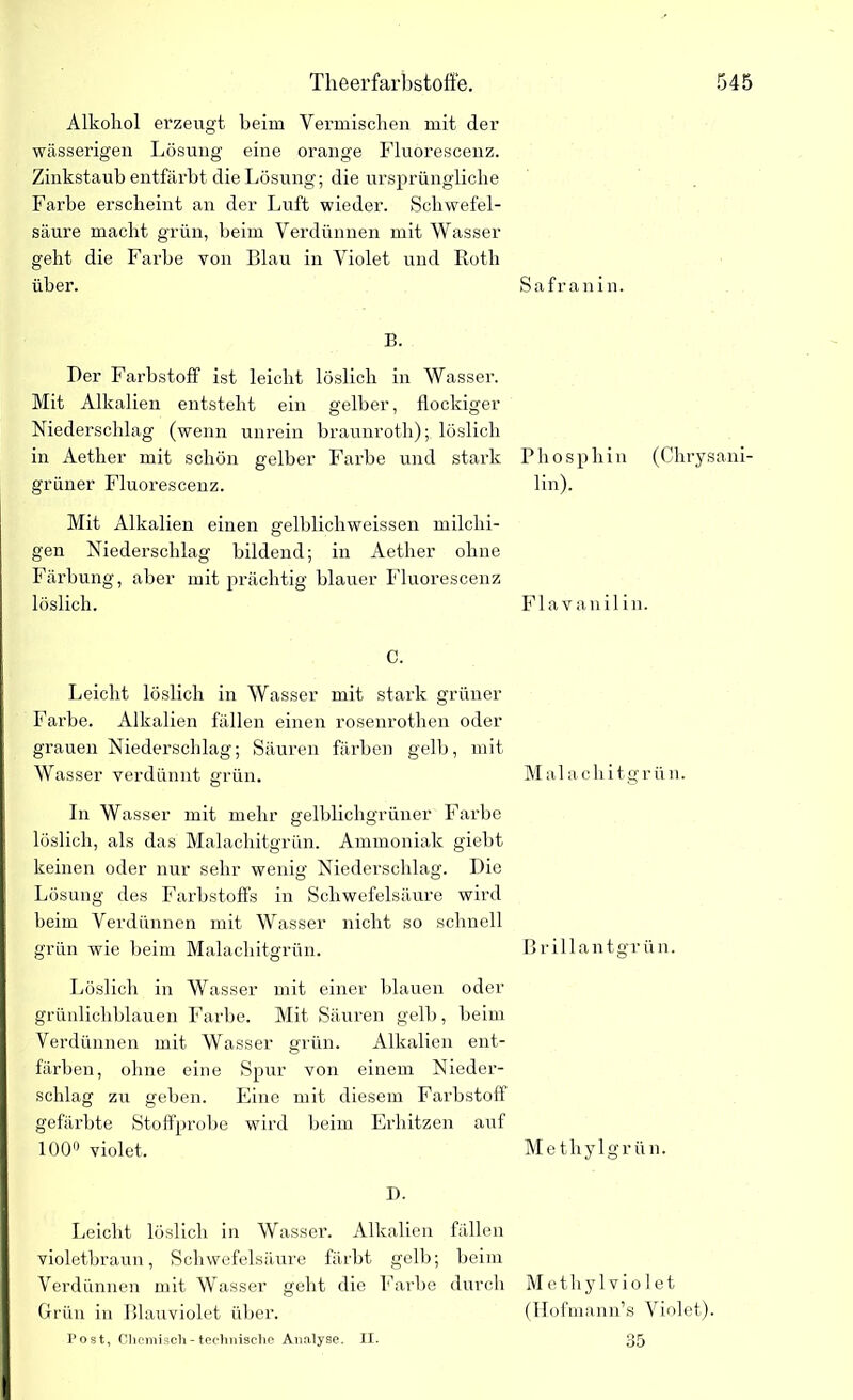 Alkohol erzeugt beim Vermischen mit der wässerigen Lösung eine orange Fluorescenz. Zinkstaub entfärbt die Lösung; die ursprüngliche Farbe erscheint an der Luft wieder. Schwefel- säure macht grün, beim Verdünnen mit Wasser geht die Farbe von Blau in Violet und Roth über. B. Der Farbstoff ist leicht löslich in Wasser. Mit Alkalien entsteht ein gelber, flockiger Niederschlag (wenn unrein braunroth); löslich in Aether mit schön gelber Farbe und stark grüner Fluorescenz. Mit Alkalien einen gelblichweissen milchi- gen Niederschlag bildend; in Aether ohne Färbung, aber mit prächtig blauer Fluorescenz löslich. C. Leicht löslich in Wasser mit stark grüner Farbe. Alkalien fällen einen rosenrothen oder grauen Niederschlag; Säuren färben gelb, mit Wasser verdünnt grün. In Wasser mit mehr gelblichgrüner Farbe löslich, als das Malachitgrün. Ammoniak giebt keinen oder nur sehr wenig Niederschlag. Die Lösung des Farbstoffs in Schwefelsäure wird heim Verdünnen mit Wasser nicht so schnell grün wie beim Malachitgrün. Löslich in Wasser mit einer blauen oder grünlichblauen Farbe. Mit Säuren gelb, beim Verdünnen mit AVasser grün. Alkalien ent- färben, ohne eine Spur von einem Nieder- schlag zu geben. Eine mit diesem Farbstoff gefärbte Stoffprobe wird beim Erhitzen auf 100° violet. D. Leicht löslich in Wasser. Alkalien fällen violetbraun, Schwefelsäure färbt gelb; beim Verdünnen mit AVasser geht die Farbe durch Grün in Blauviolet über. Post, Chemisch - technische Analyse. II. Safranin. Phosphin (Chrysani- lin). Flavanilin. Malachitgrün. ßrillantgrün. Metliylgrün. Methyl violet (Hofmann’s Adelet). 35