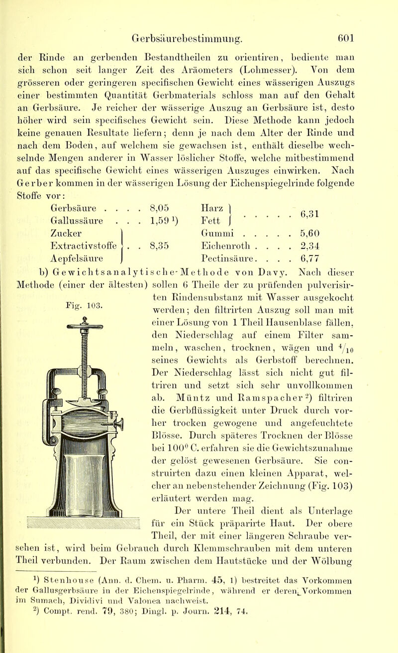 der Rinde an gerbenden Bestandteilen zu orientiren, bediente man sieb schon seit langer Zeit des Aräometers (Lobmesser). Von dem grösseren oder geringeren specifiscben Gewicht eines wässerigen Auszugs einer bestimmten Quantität Gerbmaterials schloss man auf den Gehalt an Gerbsäure. Je reicher der wässerige Auszug an Gerbsäure ist, desto höher wird sein specifisches Gewicht sein. Diese Methode kann jedoch keine genauen Resultate liefern; denn je nach dem Alter der Rinde und nach dem Boden, auf welchem sie gewachsen ist, enthält dieselbe wech- selnde Mengen anderer in Wasser löslicher Stoffe, welche mitbestimmend auf das specifische Gewicht eines wässerigen Auszuges einwirken. Nach Gerber kommen in der wässerigen Lösung der Eichenspiegelrinde folgende Stoffe vor: Gerbsäure . . Gallussäure Zucker Extraktivstoffe , Aepfelsäure j 8,05 1,59Q 8,35 Harz ] Fett ) Gummi . . Eichenroth . Pectinsäure. 6,31 5,60 2,34 6,77 b) Gewichtsanalytische'Methode von Davy. Nach dieser Methode (einer der ältesten) sollen 6 Theile der zu prüfenden pulverisir- ten Rindensubstanz mit Wasser ausgekocht werden; den filtrirten Auszug soll man mit einer Lösung von 1 Tlieil Hausenblase fällen, den Niederschlag auf einem Filter sam- meln, waschen, trocknen, wägen und 4/10 seines Gewichts als Gerbstoff berechnen. Der Niederschlag lässt sich nicht gut fil- triren und setzt sich sehr unvollkommen ab. Müntz und Ram spach er 2) filtriren die Gerbflüssigkeit unter Druck durch vor- her trocken gewogene und angefeuchtete Blosse. Durch späteres Trocknen derBlösse bei 10011 C. erfahren sie die Gewichtszunahme der gelöst gewesenen Gerbsäure. Sie con- struirten dazu einen kleinen Apparat, wel- cher an nebenstehender Zeichnung (Fig. 103) erläutert werden mag. Der untere Tlieil dient als Unterlage für ein Stück präparirte Haut. Der obere Tlieil, der mit einer längeren Schraube ver- sehen ist, wird beim Gebrauch durch Klemmschrauben mit dem unteren Theil verbunden. Der Raum zwischen dem Hautstücke und der Wölbung Q Stenliouse (Ann. d. Chem. u. Pharm. 45, l) bestreitet das Vorkommen der Gallusgerbsäure in der Eichenspiegelrinde, während er deren^Vorkommen im Sumach, Dividivi und Valonea nachweist. 2) Conipt. rend. 79, 380; Dingl. p. Journ. 214, 74.