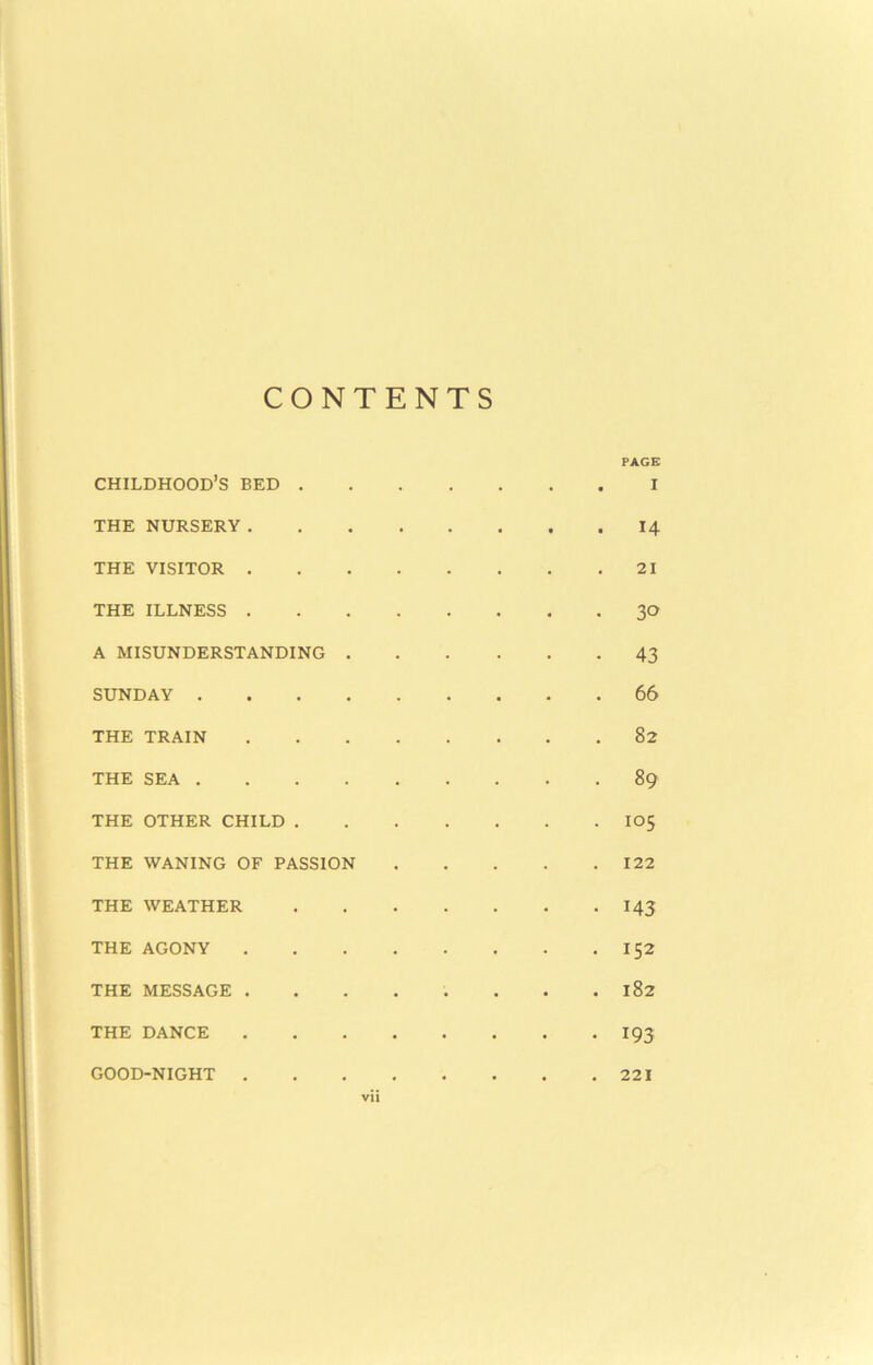 CONTENTS PAGE childhood’s BED I THE NURSERY 14 THE VISITOR 21 THE ILLNESS 30 A MISUNDERSTANDING 43 SUNDAY 66 THE TRAIN 82 THE SEA 89 THE OTHER CHILD I05 THE WANING OF PASSION 122 THE WEATHER 143 THE AGONY 152 THE MESSAGE 182 THE DANCE 193 vii GOOD-NIGHT 221