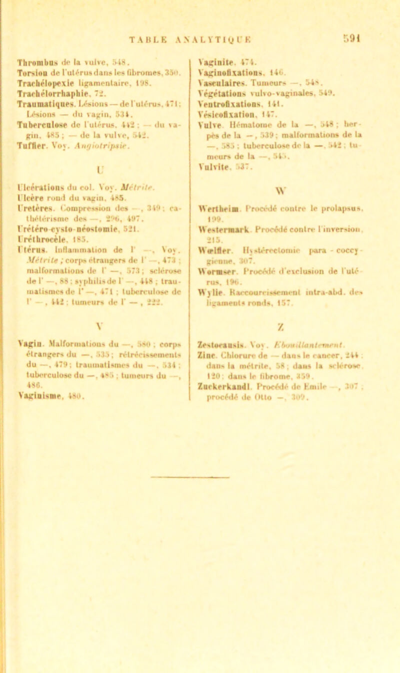 Thrombus de la vulve, 548. Torsion de l'utérus dan* les fibromes. Mo. Tracbélopexic ligamentaire, 198. Trarhélorrhaphie, 71. Traumatiques. Lésions — de luléru-. 471 ; Lésions — du vagin. 534. Tuberculose de l'utérus. 4»2 : — du va- gin. 485; — de la vulve, 542. Tufflcr. Vov. Angiulriptif. U Ulcérations du col. Voy. Uélrile. Ulcère rond du tapai. 4i>5. Uretères. Compression des , 3 49. ca- tliétérisme des —, 296, 41*7. Urétérocysto néostomie, 521. l'réthrocèle. 185. Utérus. Inflaniniation de U —, Voj. MJtrile ; corps étrangers de U —, 473 : malformations de U —, 573 ; sclérose de U —, 88 ; syphilis de U —, 448 ; trau- matismes de I*—, 471 ; lubcrrulose de I’ — . 442 ; tumeurs de U — , 222. V Vagin. Malformations du —. ■'« . corps étrangers du —, 535 ; rétrécissements du —. 479; traumatismes du —, 534 ; tuberculose du —, *85 ; tumeurs du —, 486. Vaginisme, 480. r.ot Vaginite. 47 4. Vaginofixations. 140. V asculaire- Tumeur- —. 54-. Végétations rulvo-vaginales, 549. Ventrofixations. 14t. Vésicoflxation, 147. Vulve Hématome de la —, 548; her- pès de la —, 539: malformations de la —, 585 ; tuberculose de la —, 542 ; tu meurs de la —, 54 >. Vulvite. .37. W VVrrtbrim. Procédé contre le prolapsus. 199. We-termark Procédé contre l inrersion 215. Wirlfler. Hystérectomie |wra - coccj g nu ne. 3«7. \Vortn»er. Procédé d'exclusion de l'ulé rus. I9n. Wylie. Haccoureissemenl intra-abd. de- ligameuts ronds. 157. Z Zèstocausis. Voy. Kkuiiillmnlrmrnt Zinc Chlorure de — dan- le rancer. 244 dans la met rite, 59; dans la sclérose 120: dans le lihrome. 359. Zuckc rkamll Procédé do Emile -, 3,i7 procéilé de Otto —, 309.