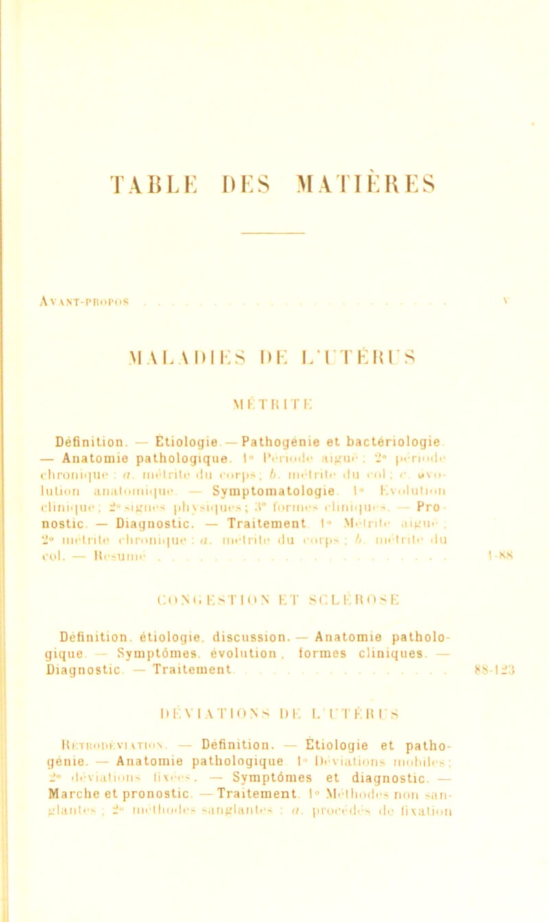 TABLE DES M \ TIE K E S Avant-propos ' MAL VIMES DE L’ÉTÉ HL S M Ê T R IT K Définition — Etiologie —Pathogenie et bactériologie — Anatomie pathologique. 1* Période aigue 2* période chronique n métritc du corps; b. métritc du col; c »vn- lution anatomique — Symptomatologie 1“ Evolution clinique; 2“ signes physiques; 3* formes clinique-.. Pro nostic — Diagnostic. — Traitement 1“ Meirite aigue 2“ niêtrito chronique : a. métritc du corps ; b. métritc du COl. — Résumé ... IKK C(> N (i EST IO N ET SCLÉROSE Définition, étiologie, discussion. — Anatomie patholo- gique Symptômes évolution. tormes cliniques — Diagnostic. — Traitement 88-123 DÉVIATIONS DE L I TÈRES Rktiiodkvi\tion. — Définition. — Etiologie et patho- génie. — Anatomie pathologique I Déviations mobile- déviations fixées. — Symptômes et diagnostic Marche et pronostic. —Traitement 1“ Méthodes non san- glantes . 2° inêtliodes sanglantes : a. procédés de fixation