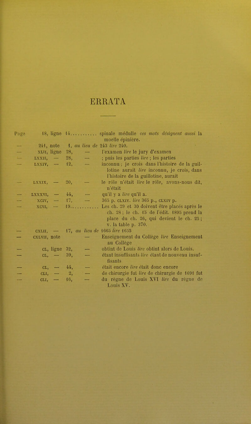 ERRATA 0 18, ligne 14 spinale medulle ces mots dösignent aussi la moelle epiniere. 241, note 1, au Heu de 243 lire 240. XLTi, ligne 28, — l'examen lire le jury d'examen Lxxn, — 28, — ; puis les parties lire ; les parties Lxxiv, — 12, — inconnu; je crois dans l'histoire de la guil- loline aurait lire inconnu, je crois, dans l'histoire de la guillotine, aurait Lxxix, — 20, — le röle n'etait lire le röle, avons-nous dit, n'ölait Lxxxvi, — 44, — qu'il y a lire qu'il a. XCIV, — 17, — 3G5 p. CLXIY. lire 365 p., CLXIV p. xcvi, — 19 Les ch. 29 et 30 doivent ötre places apres le ch. 28; le ch. 13 de l'edit. 1895 prend la place du ch. 26, qui devient le ch. 23; V. la table p. 370. CXLii, — 17, au Heu de 1663 lire 1635 cxLYii, note — Enseignement du College lire Enseignement au College CL, ligne 32, obtint de Louis lire obtint alors de Louis. CL, 39, etaut insuffisants lire elantde nouveau insuf- flsants CL, 44, elait encore lire etait donc encore CLI, 2, de Chirurgie fut lire de Chirurgie de 1691 fut CLI, 16, du regne de Louis XVI lire du regne do Louis XV.