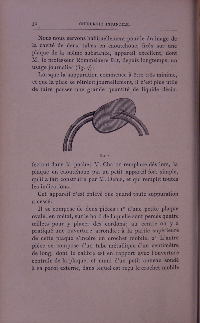 Nous nous servons habituellement pour le drainage de la cavité de deux tubes en caoutchouc, fixés sur une plaque de la même substance, appareil excellent, dont M. le professeur Rommelaere fait, depuis longtemps, un usage journalier (fig. 7). Lorsque la suppuration commence à être très minime, et que la plaie se rétrécit journellement, il n’est plus utile de faire passer une grande quantité de liquide désin- Fig 7 fectant dans la poche; M. Charon remplace dès lors, la plaque en caoutchouc par un petit appareil fort simple, qu’il a fait construire par M. Denis, et qui remplit toutes les indications. Cet appareil n’est enlevé que quand toute suppuration a cessé. Il se compose de deux pièces : i° d’une petite plaque ovale, en métal, sur le bord de laquelle sont percés quatre œillets pour y placer des cordons ; au centre on y a pratiqué une ouverture arrondie; à la partie supérieure de cette plaque s’incère un crochet mobile. 2° L’autre pièce se compose d’un tube métallique d’un centimètre de long, dont le calibre est en rapport avec l’ouverture centrale de la plaque, et muni d’un petit anneau soudé à sa paroi externe, dans lequel est reçu le crochet mobile