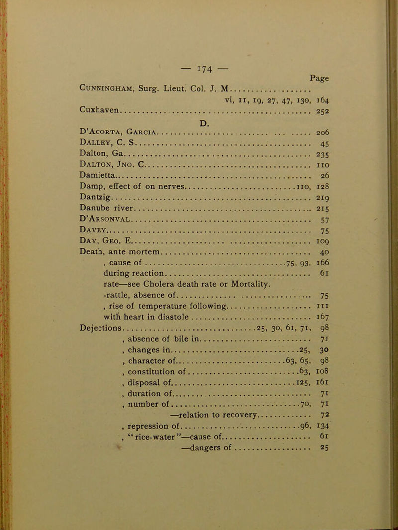 — 174 — Page Cunningham, Surg. Lieut. Col. J. M vi, II, 19, 27, 47, 130, 164 Cuxhaven 252 D. D’Acorta, Garcia 206 DALLEY, C. S 45 Dalton, Ga 235 Dalton, Jno. C no Damietta 26 Damp, effect of on nerves no, 128 Dantzig 219 Danube river 215 D’Arson VAL 57 Davey 75 Day, Geo. E 109 Death, ante mortem 40 , cause of 75, 93, 166 during reaction 61 rate—see Cholera death rate or Mortality. -rattle, absence of 75 , rise of temperature following in with heart in diastole 167 Dejections 25, 30, 61, 71, 98 , absence of bile in 71 , changes in 25, 30 , character of 63, 65, 98 , constitution of 63. 108 , disposal of 125, 161 , duration of 71 , number of ^o, 71 —relation to recovery 72 , repression of 96, 134 rice-water ”—cause of 61 —dangers of 25