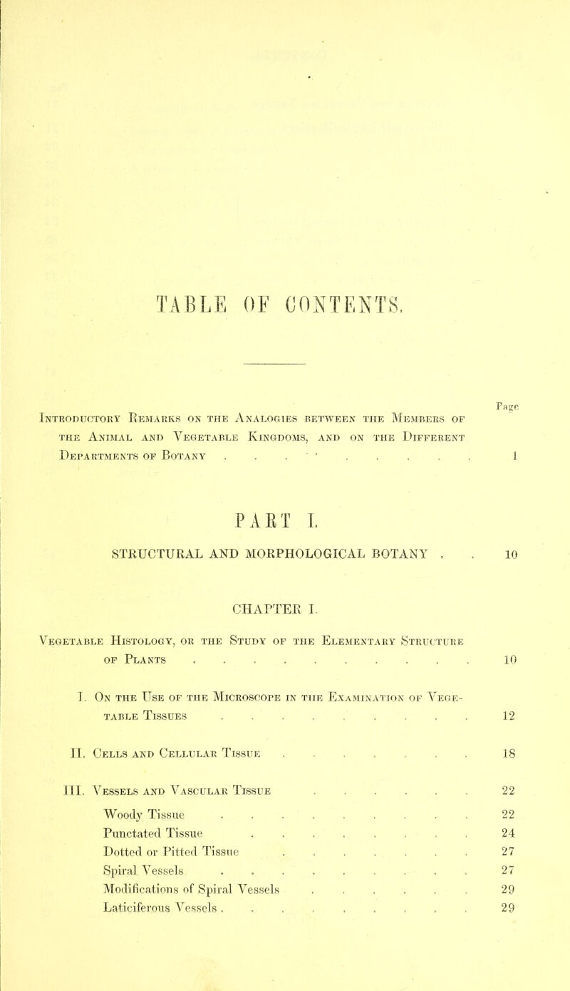 Introductory Remarks on the Analogies between the Members of the Animal and Vegetable Kingdoms, and on the Different Departments of Botany 1 PART I, STRUCTURAL AND MORPHOLOGICAL BOTANY , . 10 CHAPTER I Vegetable Histology, or the Study of the Elementary Structure of Plants .......... 10 I. On the Use of the Microscope in the Examination of Vege- table Tissues 12 II. Cells and Cellular Tissue 18 III. Vessels and Vascular Tissue 22 Woody Tissue ......... 22 Punctated Tissue ........ 24 Dotted or Pitted Tissue ....... 27 Spiral Vessels 27 Modifications of Spiral Vessels 29 Laticiferous Vessels29