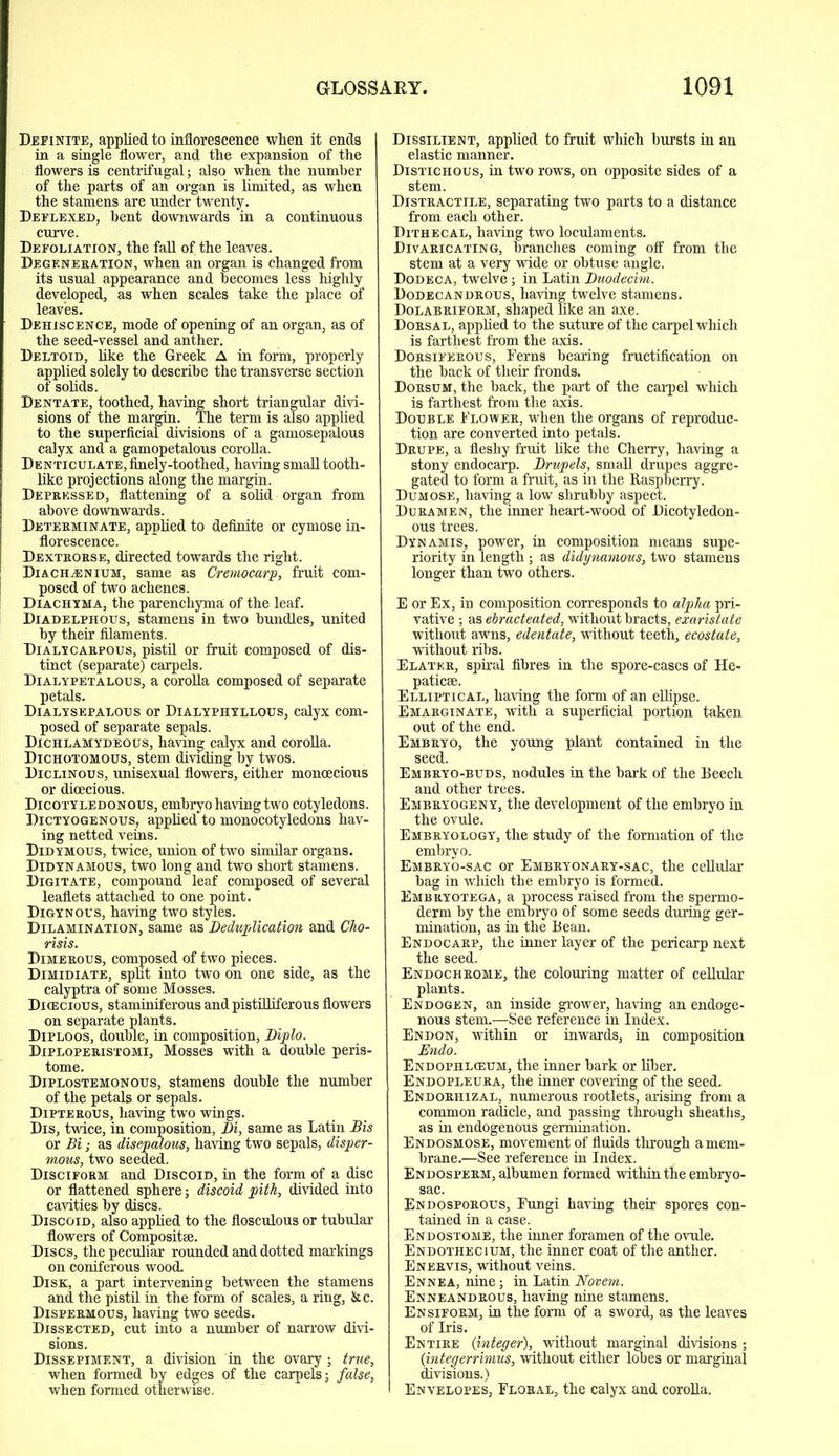 Definite, applied to inflorescence when it ends in a single flower, and the expansion of the flowers is centrifugal; also when the number of the parts of an organ is limited, as when the stamens are under twenty. Deflexed, bent downwards in a continuous curve. Defoliation, the fall of the leaves. Degeneration, when an organ is changed from its usual appearance and becomes less highly developed, as when scales take the place of leaves. Dehiscence, mode of opening of an organ, as of the seed-vessel and anther. Deltoid, like the Greek A in form, properly applied solely to describe the transverse section of solids. Dentate, toothed, having short triangular divi- sions of the margin. The term is also applied to the superficial divisions of a gamosepalous calyx and a gamopetalous corolla. Denticulate, finely-toothed, having small tooth- like projections along the margin. Depressed, flattening of a solid organ from above downwards. Determinate, applied to definite or cymose in- florescence. Dextrorse, directed towards the right. Diachjenium, same as Cremocarp, fruit com- posed of two achenes. Diachyma, the parenchyma of the leaf. Diadelphous, stamens in two bundles, united by their filaments. Dialycarpous, pistil or fruit composed of dis- tinct (separate) carpels. Dialypetalous, a corolla composed of separate petals. Dialysepalous or Dialyphyllous, calyx com- posed of separate sepals. Dichlamydeous, having calyx and corolla. Dichotomous, stem dividing by twos. Diclinous, unisexual flowers, either monoecious or dioecious. Dicotyledonous, embryo having two cotyledons. Dictyogenous, applied to monocotyledons hav- ing netted veins. Didymous, twice, union of two similar organs. Didynamous, two long and two short stamens. Digitate, compound leaf composed of several leaflets attached to one point. Digynous, having two styles. Dilamination, same as Deduplication and Cho- risis. Dimerous, composed of two pieces. Dimidiate, split into two on one side, as the calyptra of some Mosses. Dioecious, staminiferous and pistilliferous flowers on separate plants. Diploos, double, in composition, Diplo. Diploperistomi, Mosses with a double peris- tome. Diplostemonous, stamens double the number of the petals or sepals. Dipterous, having two wings. Dis, twice, in composition, Di, same as Latin Bis or Bi; as disepalous, having two sepals, disper- mous, two seeded. Disciform and Discoid, in the form of a disc or flattened sphere; discoid pith, divided into cavities by discs. Discoid, also applied to the flosculous or tubular flowers of Composite. Discs, the peculiar rounded and dotted markings on coniferous wood. Disk, a part intervening between the stamens and the pistil in the form of scales, a ring, &c. Dispermous, having two seeds. Dissected, cut into a number of narrow divi- sions. Dissepiment, a division in the ovary; true, when formed by edges of the carpels; false, when formed otherwise. Dissilient, applied to fruit which hursts in an elastic manner. Distichous, in two rows, on opposite sides of a stem. Distractile, separating two parts to a distance from each other. Dithecal, having two loculaments. Divaricating, branches coming off from the stem at a very wide or obtuse angle. Dodeca, twelve; in Latin Duodecim. Dodecandrous, having twelve stamens. Dolabriform, shaped like an axe. Dorsal, applied to the suture of the carpel which is farthest from the axis. Dorsiferous, Ferns bearing fructification on the back of their fronds. Dorsum, the back, the part of the carpel which is farthest from the axis. Double Flower, when the organs of reproduc- tion are converted into petals. Drupe, a fleshy fruit like the Cherry, having a stony endocarp. Drupels, small drupes aggre- gated to form a fruit, as in the Raspberry. Dumose, having a low shrubby aspect. Duramen, the inner heart-wood of Dicotyledon- ous trees. Dynamis, power, in composition means supe- riority in length; as didynamous, two stamens longer than two others. E or Ex, in composition corresponds to alpha pri- vative ; as ebracteated, without bracts, exaristate without awns, edentate, without teeth, ecostate, without ribs. Elatkr, spiral fibres in the spore-cases of He- paticse. Elliptical, having the form of an ellipse. Emarginate, with a superficial portion taken out of the end. Embryo, the young plant contained in the seed. Embryo-buds, nodules in the bark of the Beech and other trees. Embryogeny, the development of the embryo in the ovule. Embryology, the study of the formation of the embryo. Embryo-sac or Embry onary-sac, the cellular bag in which the embryo is formed. Embryotega, a process raised from the spermo- derm by the embryo of some seeds during ger- mination, as in the Bean. Endocarp, the inner layer of the pericarp next the seed. Endochrome, the colouring matter of cellular plants. Endogen, an inside grower, having an endoge- nous stem.—See reference in Index. Endon, within or inwards, in composition Endo. Endophlceum, the inner bark or fiber. Endopleura, the inner covering of the seed. Endorhizal, numerous rootlets, arising from a common radicle, and passing through sheaths, as in endogenous germination. Endosmose, movement of fluids through a mem- brane.—See reference in Index. Endosperm, albumen formed within the embryo- sac. Endosporous, Fungi having their spores con- tained in a case. Endostome, the inner foramen of the ovule. Endothecium, the inner coat of the anther. Enervis, without veins. Ennea, nine; in Latin Novem. Enneandrous, having nine stamens. Ensiform, in the form of a sword, as the leaves of Iris. Entire {integer), without marginal divisions ; {integerrimus, without either lobes or marginal divisions.) Envelopes, Floral, the calyx and corolla.