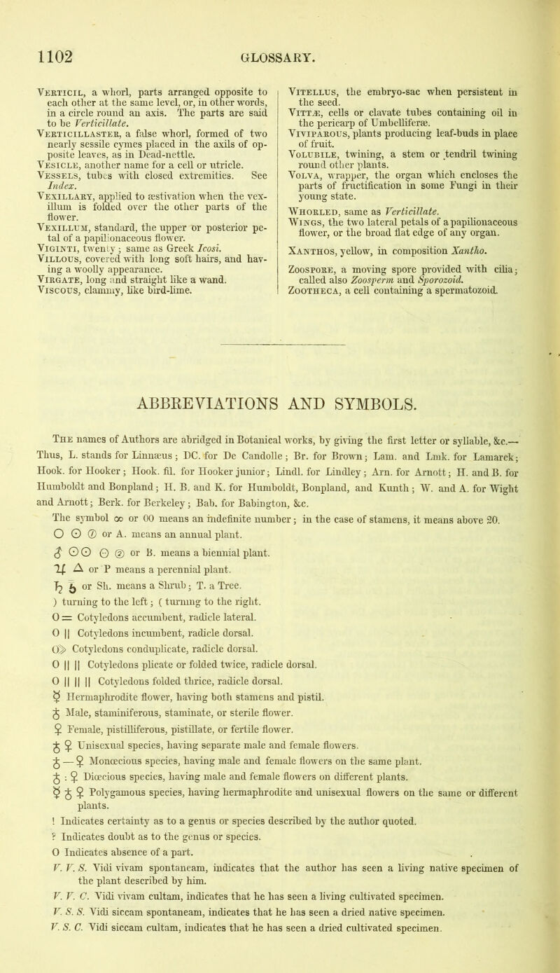 Verticil, a whorl, parts arranged opposite to each other at the same level, or, in other words, in a circle round an axis. The parts are said to he Verticillate. Verticillaster, a false whorl, formed of two nearly sessile cymes placed in the axils of op- posite leaves, as in Dead-nettle. Vesicle, another name for a cell or utricle. Vessels, tubes with closed extremities. See Index. Vexillary, applied to aestivation when the vex- illum is folded over the other parts of the flower. Vexillum, standard, the upper or posterior pe- tal of a papilionaceous flower. Viginti, twenty; same as Greek Icosi. Villous, covered with long soft hairs, and hav- ing a woolly appearance. Virgate, long and straight like a wand. Viscous, clammy, like bird-lime. Vitellus, the embryo-sac when persistent in the seed. Vitta;, cells or clavate tubes containing oil in the pericarp of Umbelliferse. Viviparous, plants producing leaf-buds in place of fruit. Volubile, twining, a stem or tendril twining round other plants. Volva, wrapper, the organ which encloses the parts of fructiflcation in some Fungi in their young state. Whorled, same as Verticillate. Wings, the two lateral petals of a papilionaceous flower, or the broad flat edge of any organ. Xanthos, yellow, in composition Xantho. Zoospore, a moving spore provided with cilia; called also Zoosiperm and Sporozoid. Zootheca, a cell containing a spermatozoid. ABBREVIATIONS AND SYMBOLS. The names of Authors are abridged in Botanical works, by giving the first letter or syllable, &c.— Thus, L. stands for Linnaeus; DC. for De Candolle; Br. for Brown; Lam. and Lmk. for Lamarck; Hook, for Hooker; Hook. fil. for Hooker junior; Lindl. for Lindley; Arn. for Arnott; H. andB. for Humboldt and Bonpland; H. B. and K. for Humboldt, Bonpland, and Kunth ; W. and A. for Wight and Arnott; Berk, for Berkeley; Bab. for Babington, &c. The symbol go or 00 means an indefinite number; in the case of stamens, it means above 20. O O © or A. means an annual plant. $ OO © © or 15. means a biennial plant. If A or P means a perennial plant. Tj 5 or Sh. means a Shrub; T. a Tree. ) turning to the left; (turning to the right. 0 = Cotyledons accumbent, radicle lateral. 0 || Cotyledons incumbent, radicle dorsal. 0> Cotyledons conduplic-ate, radicle dorsal. 0 || || Cotyledons plicate or folded twice, radicle dorsal. O || || || Cotyledons folded thrice, radicle dorsal. $ Hermaphrodite flower, having both stamens and pistil. J Male, staminiferous, staminate, or sterile flower. $ Female, pistilliferous, pistillate, or fertile flower. J $ Unisexual species, having separate male and female flowers. J — $ Monoecious species, having male and female flowers on the same plant. J : $ Dioecious species, having male and female flowers on different plants. J $ Polygamous species, having hermaphrodite and unisexual flowers on the same or different plants. ! Indicates certainty as to a genus or species described by the author quoted. ? Indicates doubt as to the genus or species. O Indicates absence of a part. V. V. S. Vidi vivam spontaneam, indicates that the author has seen a living native specimen of the plant described by him. V. V. C. Vidi vivam cultam, indicates that he has seen a living cultivated specimen. V. S. S. Vidi siccam spontaneam, indicates that he has seen a dried native specimen. V. S. C. Vidi siccam cultam, indicates that he has seen a dried cultivated specimen.