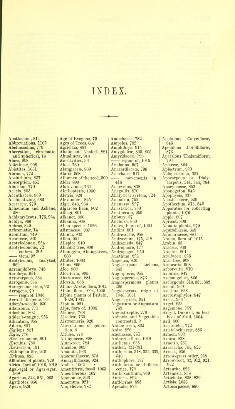 INDEX Abattachim, 814 Abbreviations, 1102 Abelmoschus, 770 Aberration, chromatic and spherical, 14 Abies, 908 Abietineae, 908 Abietites, 1061 Abroma, 772 Absinthium, 837 Absorption, 451 Abutilon, 770 Acacia, 803 Acanthaceae, 869 Acclimatizing, 682 Aceraceae, 779 Achsenium and Achene, 280 Achlamydeous, 176, 224 Achlya, 966 Achras, 849 Achromatic, 14 Aconitum, 749 Acoraceae, 940 Acotyledoneae, 954 Acotyledonous, 72 embryo, 305 stem, 92 Acotyledons, analysed, 969 Acramphibrya, 748 Acrobrya, 954 Acrocarpous, 334 Acrogense, 954 Acrogenous stem, 92 Acrogens, 70 reign of, 1046 Acro-thallogenae, 954 Adam’s-needle, 930 Adansonia, 771 Adashim, 802 Adder’s-tongue, 955 Adiantum, 955 Adoxa, 827 iEgilops, 951 iEgle, 776 iEschynomene, 801 iEsculus, 780 ^Estivation, 191 ^Ethiopian lily, 940 yEthusa, 826 Affinities of plants, 729 Africa, flora of, 1016,1019 Agal-agal or Agar-agar, 968 Agaricus, 344,961, 963 Agathotes, 856 Agave, 926 Age of Exogens, 79 Ages of Trees, 667 Agrielaia, 851 Ahalim and Ahaloth, 881 Ahuahuete, 910 Air-cavities, 36 Akee, 780 Alangiaceae, 809 Alaria, 968 Albumen of the seed, 300 Alder, 899 Aldrovanda, 764 Alethopteris, 1050 Aletris, 926 Alexanders, 825 Algae, 348, 964 Algaroba Bean, 802 Alhagi, 801 Alkanet, 860 Alkanna, 808 Alien species, 1026 Alismaceae, 937 Allium, 930 Allon, 901 Allspice, 810 Almond-tree, 806 Almuggim, Almug-trees, 883 Alnites, 1064 Alnus, 899 Aloe, 930 Aloe-form, 995 Aloes-wood, 881 Aloysia, 868 Alpine-Arctic flora, 1011 Alpine flora, 1004, 1009 Alpine plants of Britain, 1028,1031 Alpinia, 921 Alps, flora of, 1008 Alsineae, 768 Alsodeae, 763 Alstroemeria, 926 Alternations of genera- tion, 6 Althaea, 770 Altingiaceae, 898 Alum-root, 784 Amadou, 963 Amanita, 963 Amaranthaceae, 874 Amaryllidaceae, 924 Amber, 1062 » Amentiferae, fossil, 1063 Amentiferous, 162 Ammoniac, 826 Amomum, 921 Ampelideae, 782 Ampelopsis, 782 Ampelos, 782 Amphibrya, 915 Amygdaleae, 805, 806 Amyridaceae, 798 region of, 1015 Anabaina, 967 Anacardiaceee, 796 Anacharis, 917 movements in, 416 Anac.yclus, 838 Anagallis, 870 Analytical system, 724 Anamirta, 752 Ananassa, 927 Anastatica, 760 Anatherum, 950 Anbury, 57 Anchusa, 860 Andes, Flora of, 1004 Andira, 801 Andrseaceae, 958 Androecium, 175, 218 Andromeda, 847 Androphore, 177 Andropogon, 950 Anethum, 826 Angelica, 826 Angiocarpous Lichens, 343 Angiopteris, 955 Angiospermae, 873 Angiospermous plants, 296 Angiosperms, reign of, 1046,1061 Angola-grass, 951 Angostura or Angustura, 789 Angustiseptae, 279 Animals and Vegetables contrasted, 2 Anirne resin, 802 Anise, 826 Anonaceae, 751 Antarctic flora, 1018 Anthemis, 838 Anther, 221-231 Antheridia, 318,335, 339, 348 Anthophore, 177 Anthotaxis or Inflores- cence, 172 Anthoxanthum, 949 Antiaris, 892 Antidesma, 893 Apetalae, 873 Apetalous Calyciflorae, 846 Apetalous Corolliflorae, 873 Apetalous Thalamiflorae, 794 Apiaceae, 824 Aplectrum, 920 Aploperistomi, 337 Apocarpous or Dialy- carpous, 241, 244, 264 Apocynaceae, 853 Aponogeton, 942 Apophysis, 337 Apostasiaceae, 920 Apothecium, 315, 342 Apparatus for collecting plants, 1076 Apple, 807 Apricot, 806 Aquatic plants, 979 Aquifoliaceae, 849 Aquilariacese, 881 Arabia, flora of, 1015 Arabin, 33 Araceae, 939 Arachis, 801 Araliaceae, 826 Arar-tree, 908 Araucaria, 908 Arbor-vitae, 910 Arbutus, 847 Archangelica, 826 Archegonia, 318,335,339 j Archil, 960 Arctium, 838 j Arctostaphylos, 847 Areca, 936 j Argel, 853 J Argemone, 757 I Argyll, Duke of, on leaf- beds of Mull, 1064 r Aril, 300 Aristotelia, 772 Aristolochiaceae, 883 Arrnon, 902 I Arnica, 838 Arnotto, 761 Arracacha, 785, 825 Arrack, 936 Arrow-grass order, 938 Arrow-root, 32, 912, 921, 922 Artanthe, 895 I Artemisia, 838 S Artichoke, 838, 839 Artisia, 1056 I Artocarpaceae, 890