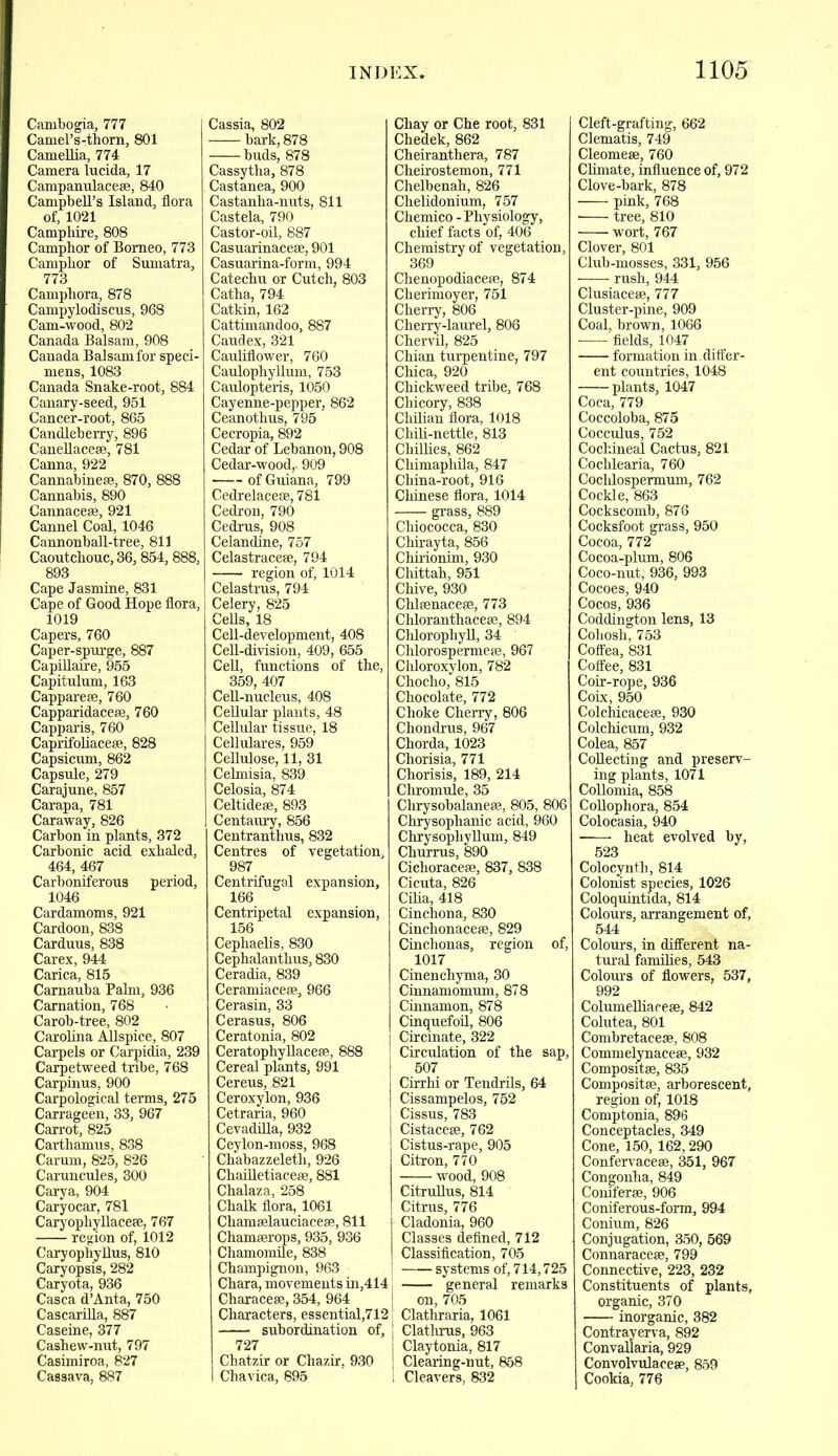 Cambogia, 777 Camel’s-thorn, 801 Camellia, 774 Camera lucida, 17 Campanulacese, 840 Campbell’s Island, flora of, 1021 Camphire, 808 Camphor of Borneo, 773 Camphor of Sumatra, 773 Camphora, 878 Campylodiscns, 968 Cam-wood, 802 Canada Balsam, 908 Canada Balsam for speci- mens, 1083 Canada Snake-root, 884 Canary-seed, 951 Cancer-root, 865 Candleberry, 896 Caneflacese, 781 Canna, 922 Cannabinese, 870, 888 Cannabis, 890 Cannacese, 921 Cannel Coal, 1046 Cannonball-tree, 811 Caoutchouc, 36,854, 888, 893 Cape Jasmine, 831 Cape of Good Hope flora, 1019 Capers, 760 Caper-spurge, 887 Capillaire, 955 Capitulum, 163 Capparese, 760 Capparidacese, 760 Capparis, 760 Caprifoliaceae, 828 Capsicum, 862 Capsule, 279 Carajune, 857 Carapa, 781 Caraway, 826 Carbon in plants, 372 Carbonic acid exhaled, 464, 467 Carboniferous period, 1046 Cardamoms, 921 Cardoon, 838 Carduus, 838 Carex, 944 Carica, 815 Carnauba Palm, 936 Carnation, 768 Carob-tree, 802 Carolina Allspice, 807 Carpels or Carpidia, 239 Carpetweed tribe, 768 Carpinus, 900 Carpological terms, 275 Carrageen, 33, 967 Carrot, 825 Carthamus, 838 Carum, 825, 826 Caruncules, 300 Carya, 904 Caryocar, 781 Caryophyllacese, 767 region of, 1012 Caryophyllus, 810 Caryopsis, 282 Caryota, 936 Casca d’Anta, 750 Cascarilla, 887 Caseine, 377 Cashew-nut, 797 Casimiroa, 827 Cassava, 887 Cassia, 802 bark, 878 buds, 878 Cassytlia, 878 Castanea, 900 Castanha-nuts, 811 Castela, 790 Castor-oil, 887 Casuarinacese, 901 Casuarina-form, 994 Catechu or Cutcli, 803 Catha, 794 Catkin, 162 Cattimandoo, 887 Caudex, 321 Cauliflower, 760 Caulophyllum, 753 Caulopteris, 1050 Cayenne-pepper, 862 Ceanothus, 795 Cecropia, 892 Cedar of Lebanon, 908 Cedar-wood,, 909 of Guiana, 799 Cedrelacese, 781 Cedron, 790 Cedrus, 908 Celandine, 757 Celastraceae, 794 region of, 1014 Celastrus, 794 Celery, 825 Cells, 18 Cell-development, 408 Cell-division, 409, 655 Cell, functions of the, 359, 407 Cell-nucleus, 408 Cellular plants, 48 Cellular tissue, 18 Cellulares, 959 Cellulose, 11, 31 Celmisia, 839 Celosia, 874 Celtidese, 893 Centaury, 856 Centranthus, 832 Centres of vegetation, 987 Centrifugal expansion, 166 Centripetal expansion, 156 Cephaelis, 830 Cephalanthus, 830 Ceradia, 839 Ceramiacese, 966 Cerasin, 33 Cerasus, 806 Ceratonia, 802 Ceratophyllacese, 888 Cereal plants, 991 Cereus, 821 Ceroxylon, 936 Cetraria, 960 CevadiHa, 932 Ceylon-moss, 968 Chabazzeleth, 926 Chailletiaceae, 881 Chalaza, 258 Chalk flora, 1061 Chamselauciacese, 811 Chamserops, 935, 936 Chamomile, 838 Champignon, 963 Chara, movements in,414 Characese, 354, 964 Characters, essential,712 subordination of, 727 Chatzir or Cliazir, 930 Chavica, 895 Cliay or Che root, 831 Chedek, 862 Cheiranthera, 787 Cheirostemon, 771 Chelbenah, 826 Chelidonium, 757 Chemico - Physiology, chief facts of, 406 Chemistry of vegetation, 369 Chenopodiacese, 874 Cherimoyer, 751 Cherry, 806 Cherry-laurel, 806 Chervil, 825 Chian turpentine, 797 Chica, 920 Chickweed tribe, 768 Chicory, 838 Chilian flora, 1018 Chili-nettle, 813 Chillies, 862 Chimapliila, 847 China-root, 916 Chinese flora, 1014 grass, 889 Chiococca, 830 Chirayta, 856 Chirionim, 930 Chittah, 951 Chive, 930 Chlsenacese, 773 Chloranthacese, 894 Chlorophyll, 34 Chlorospermese, 967 Chloroxylon, 782 Chocho, 815 Chocolate, 772 Choke Cherry, 806 Chondrus, 967 Chorda, 1023 Chorisia, 771 Chorisis, 189, 214 Chromule, 35 Clirysobalanese, 805, 806 Chrysophanic acid, 960 Chrysophyllum, 849 Churrus, 890 Cichoracem, 837, 838 Cicuta, 826 Cilia, 418 Cinchona, 830 Cinchonace®, 829 Cinchonas, region of, 1017 Cinenchyma, 30 Cinnamomum, 878 Cinnamon, 878 Cinquefoil, 806 Circinate, 322 Circulation of the sap, 507 Cirrhi or Tendrils, 64 Cissampelos, 752 Cissus, 783 Cistacese, 762 Cistus-rape, 905 Citron, 770 wood, 908 Citrullus, 814 Citrus, 776 Cladonia, 960 Classes defined, 712 Classification, 705 systems of, 714,725 general remarks on, 705 ' Clathraria, 1061 j Clathrus, 963 Claytonia, 817 Clearing-nut, 858 1 Cleavers, 832 Cleft-grafting, 662 Clematis, 749 Cleomese, 760 Climate, influence of, 972 Clove-bark, 878 pink, 768 tree, 810 wort, 767 Clover, 801 Club-mosses, 331, 956 rush, 944 Clusiacese, 777 Cluster-pine, 909 Coal, brown, 1066 fields, 1047 formation in.differ- ent countries, 1048 plants, 1047 Coca, 779 Coccoloba, 875 Cocculus, 752 Cochineal Cactus, 821 Cochlearia, 760 Coclilospermum, 762 Cockle, 863 Cockscomb, 876 Cocksfoot grass, 950 Cocoa, 772 Cocoa-plum, 806 Coco-nut, 936, 993 Cocoes, 940 Cocos, 936 Coddington lens, 13 Cohosh, 753 Coffea, 831 Coffee, 831 Coir-rope, 936 Coix, 950 Colchicacese, 930 Colchicum, 932 Colea, 857 Collecting and preserv- ing plants, 1071 Collomia, 858 Collophora, 854 Colocasia, 940 heat evolved by, 523 Colocynth, 814 Colonist species, 1026 Coloquintida, 814 Colours, arrangement of, 544 Colours, in different na- tural families, 543 Colours of flowers, 537, 992 Columelliaceae, 842 Colutea, 801 Combretacese, 808 Commelynacese, 932 Composite, 835 Composite, arborescent, region of, 1018 Comptonia, 896 Conceptacles, 349 Cone, 150, 162,290 Confervacese, 351, 967 Congonha, 849 Connerse, 906 Coniferous-form, 994 Conium, 826 Conjugation, 350, 569 Connaracese, 799 Connective, 223, 232 Constituents of plants, organic, 370 inorganic, 382 Contrayerva, 892 Convallaria, 929 Convolvulaceae, 859 j Cookia, 776