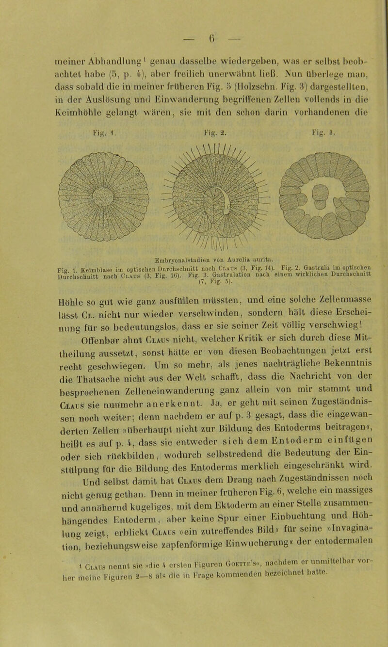 meiner Abhandlung ' genau dasselbe wiedergeben, was er selbst beol)- achtet habe (5, p. 4), aber l'reilich unerwähnt ließ. Nun überlege inan, dass sobald die in meiner l'rUhcren Fig. o (Ilolzschn. Fig. 3) dargestellten, in der Auslösung und Finwanderung begrillenen Zellen vollends in die Keiinhöhle gelangt wären, sie mit den schon darin vorhandenen die Fig. 1. Fig. 2. Fig. 3. Embryomilstadien von Aurelia aurita. Fie 1 Keimblnso im optischen Durchschnitt nach Claus (3, Fig. It). Fig. 2. Gastrula im optischen Durchschnitt nach Claus (3, Fig. 10). Fig. 3. Gastrulation nach einem wirklichen Durchschnitt (7, Fig. 5). Höhle so gut wie ganz ausfüllen müssten, und eine solche Zellenmasse lässt Cl. nicht nur wieder verschwinden, sondern hält diese Erschei- nung für so bedeutungslos, dass er sie seiner Zeit völlig veischwieg! Oflenbar ahnt Claus nicht, welcher Kritik er sich durch diese Mit- theilung ausselzt, sonst hätte er von diesen Beobachtungen jetzt erst recht geschwiegen. Um so mehr, als jenes nachträgliche Bekenntnis die Thatsache nicht aus der Welt schafl’t, dass die Nachricht von der besprochenen Zelleneinwanderung ganz allein von mir stammt und Claus sie nunmehr anerkennt. Ja, er geht mit seinen Zugeständnis- sen noch weiter; denn nachdem er auf p. 3 gesagt, dass die eingewan- derten Zellen »überhaupt nicht zur Bildung des Entoderms beitragen«, heißt es auf p. 4, dass sie entweder sich dem Entoderm ein fügen oder sich rückbilden, wodurch selbstredend die Bedeutung dei Ein- stülpung für die Bildung des Entoderms merklich eingeschränkt wird. Und selbst damit hat Claus dem Drang nach Zugeständnissen noch nicht genug gethan. Denn in meiner früheren Fig. 6, %velche ein massiges und annähernd kugeliges, mit dem Ektoderm an einer Stelle zusammen- hängendes Entoderm, aber keine Spur einer Einbuchtung und Höh- lung zeigt, erblickt Claus »ein zutreHendes Bild« für seine »Invagina- tion, beziehungsweise zapfenförmige Einwucherung« der entodermalen 1 Claus nennt sie »die 4 ersten Figuren Goette’s«, nachdem er unmiltclbor ver- lier meine Figuren 2—8 als die in Frage kommenden bezeichnet hatte.
