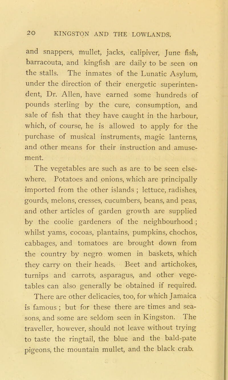 and snappers, mullet, jacks, calipiver, June fish, barracouta, and kingfish are daily to be seen on the stalls. The inmates of the Lunatic Asylum, under the direction of their energetic superinten- dent, Dr. Allen, have earned some hundreds of pounds sterling by the cure, consumption, and sale of fish that they have caught in the harbour, which, of course, he is allowed to apply for the purchase of musical instruments, magic lanterns, and other means for their instruction and amuse- ment. The vegetables are such as are to be seen else- where. Potatoes and onions, which are principally imported from the other islands ; lettuce, radishes, gourds, melons, cresses, cucumbers, beans, and peas, and other articles of garden growth are supplied by the coolie gardeners of the neighbourhood ; whilst yams, cocoas, plantains, pumpkins, chochos, cabbages, and tomatoes are brought down from the country by negro women in baskets, which they carry on their heads. Beet and artichokes, turnips and carrots, asparagus, and other vege- tables can also generally be obtained if required. There are other delicacies, too, for which Jamaica is famous ; but for these there are times and sea- sons, and some are seldom seen in Kingston. The traveller, however, should not leave without trying to taste the ringtail, the blue and the bald-pate pigeons, the mountain mullet, and the black crab.