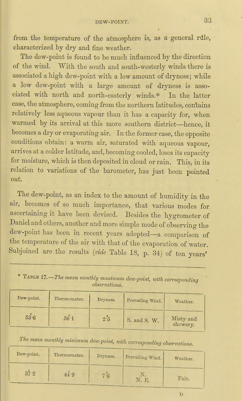 from the temperature of the atmosphere is, as a general rdle, characterized by dry and fine weather. The dew-point is found to be much influenced by the direction of the wind. With the south and south-westerly winds there is associated a high dew-point with a low amount of dryness; while a low dew-point with a large amount of dryness is asso- ciated with north and north-easterly winds.* In the latter case, the atmosphere, coming from the northern latitudes, contains relatively less, aqueous vapour than it has a capacity for, when warmed by its arrival at this more southern district—hence, it becomes a dry or evaporating air. In the former case, the opposite conditions obtain: a warm air, saturated with aqueous vapour, arrives at a colder latitude, and, becoming cooled, loses its capacity for moisture, which is then deposited in cloud or rain. This, in its relation to variations of the barometer, has just been pointed out. The dew-point, as an index to the amount of humidity in the air, becomes of so much importance, that various modes for ascertaining it have been devised. Besides the hygrometer of Daniel and others, another and more simple mode of observing the dew-point has been in recent years adopted—a comparison of the temperature of the air with that of the evaporation of water. Subjoined are the results {vide Table 18, p. 34) of ten years' 17.—The mean monthly maximum dew-point, with cot-responding observations. Dew-point. Thermometer. Dryness. Prevailing Wind. Weather. 53°6 56-1 0 2-5 S. and S. W. Misty and showery. The mean monthly minimum dew-point, with corresponding observations. Dow-point. Thermometer. Dryness. Prevailing Wind. Weather. 37-2 44-9 7-6 N. N. E. Fair.