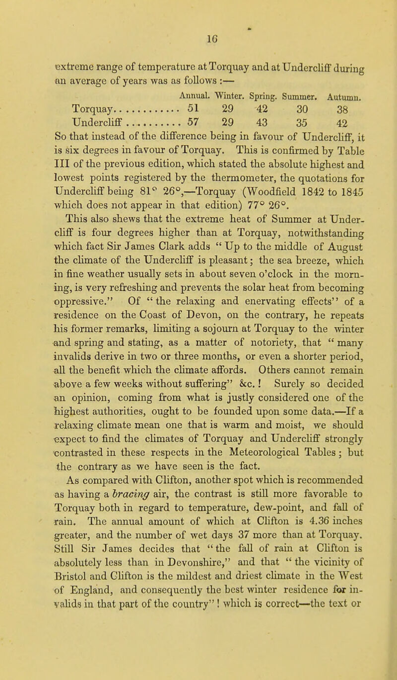 extreme range of temperature at Torquay and at Undercliff during an average of years was as follows :— Annual. Winter. Spring. Summer. Autumn. Torquay 51 29 42 30 38 Undercliff .. 57 29 43 35 42 So that instead of the difference being in favour of Undercliff, it is six degrees in favour of Torquay. This is confirmed by Table III of the previous edition, which stated the absolute highest and lowest points registered by the thermometer, the quotations for Undercliff being 81° 26°,—Torquay (Woodfield 1842 to 1845 which does not appear in that edition) 77° 26°. This also shews that the extreme heat of Summer at Under- cliff is four degrees higher than at Torquay, notwithstanding which fact Sir James Clark adds  Up to the middle of August the climate of the Undercliff is pleasant; the sea breeze, which in fine weather usually sets in about seven o'clock in the morn- ing, is very refreshing and prevents the solar heat from becoming oppressive. Of the relaxing and enervating effects of a residence on the Coast of Devon, on the contrary, he repeats his former remarks, limiting a sojourn at Torquay to the winter and spring and stating, as a matter of notoriety, that  many invalids derive in two or three months, or even a shorter period, all the benefit which the climate affords. Others cannot remain above a few weeks without suffering &c.! Surely so decided an opinion, coming from what is justly considered one of the highest authorities, ought to be founded upon some data.—If a relaxing climate mean one that is warm and moist, we should expect to find the climates of Torquay and Undercliff strongly contrasted in these respects in the Meteorological Tables; but the contrary as we have seen is the fact. As compared with Clifton, another spot which is recommended as having a brating air, the contrast is still more favorable to Torquay both in regard to temperature, dew-point, and fall of rain. The annual amount of which at Clifton is 4.36 inches greater, and the number of wet days 37 more than at Torquay. Still Sir James decides that  the fall of rain at Clifton is absolutely less than in Devonshire, and that  the vicinity of Bristol and Clifton is the mildest and driest climate in the West of England, and consequently the best winter residence for in- valids in that part of the country ! which is correct—the text or