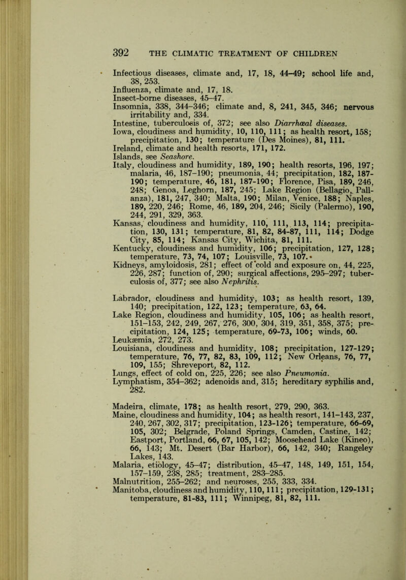 Infectious diseases, climate and, 17, 18, 44-49; school life and, 38, 253. Influenza, climate and, 17, 18. Insect-borne diseases, 45-47. Insomnia, 338, 344-346; climate and, 8, 241, 345, 346; nervous irritability and, 334. Intestine, tuberculosis of, 372; see also Diarrhoea! diseases. Iowa, cloudiness and humidity, 10, 110, 111; as health resort, 158; precipitation, 130; temperature (Des Moines), 81, 111. Ireland, climate and health resorts, 171, 172. Islands, see Seashore. Italy, cloudiness and humidity, 189, 190; health resorts, 196, 197; malaria, 46, 187-190; pneumonia, 44; precipitation, 182, 187- 190; temperature, 46, 181, 187-190; Florence, Pisa, 189, 246, 248; Genoa, Leghorn, 187, 245; Lake Region (Bellagio, Pall- anza), 181, 247, 340; Malta, 190; Milan, Venice, 188; Naples, 189, 220, 246; Rome, 46, 189, 204, 246; Sicily (Palermo), 190, 244, 291, 329, 363. Kansas, cloudiness and humidity, 110, 111, 113, 114; precipita- tion, 130, 131; temperature, 81, 82, 84-87, 111, 114; Dodge City, 85, 114; Kansas City, Wichita, 81, 111. Kentucky, cloudiness and humidity, 106; precipitation, 127, 128; temperature, 73, 74, 107; Louisville, 73, 107.* Kidneys, amyloidosis, 281; effect of‘cold and exposure on, 44, 225, 226, 287; function of, 290; surgical affections, 295-297; tuber- culosis of, 377; see also Nephritis. Labrador, cloudiness and humidity, 103; as health resort, 139, 140; precipitation, 122, 123; temperature, 63, 64. Lake Region, cloudiness and humidity, 105, 106; as health resort, 151-153, 242, 249, 267, 276, 300, 304, 319, 351, 358, 375; pre- cipitation, 124, 125; temperature, 69-73, 106; winds, 60. Leukaemia, 272, 273. Louisiana, cloudiness and humidity, 108; precipitation, 127-129; temperature. 76, 77, 82, 83, 109, 112; New Orleans, 76, 77, 109, 155; Snreveport, 82, 112. Lungs, effect of cold on, 225, 226; see also Pneumonia. Lymphatism, 354-362; adenoids and, 315; hereditary syphilis and, 282. Madeira, climate, 178; as health resort, 279, 290, 363. Maine, cloudiness and humidity, 104; as health resort, 141-143, 237, 240,267,302,317; precipitation, 123-126; temperature, 66-69, 105, 302; Belgrade, Poland Springs, Camden, Castine, 142; Eastport, Portland, 66, 67, 105, 142; Moosehead Lake (Kineo), 66, 143; Mt. Desert (Bar Harbor), 66, 142, 340; Rangeley Lakes, 143. Malaria, etiology, 45-47; distribution, 45-47, 148, 149, 151, 154, 157-159, 238, 285; treatment, 283-285. Malnutrition, 255-262; and neuroses, 255, 333, 334. Manitoba, cloudiness and humidity, 110, 111; precipitation, 129-131; temperature, 81-83, 111; Winnipeg, 81, 82, 111.
