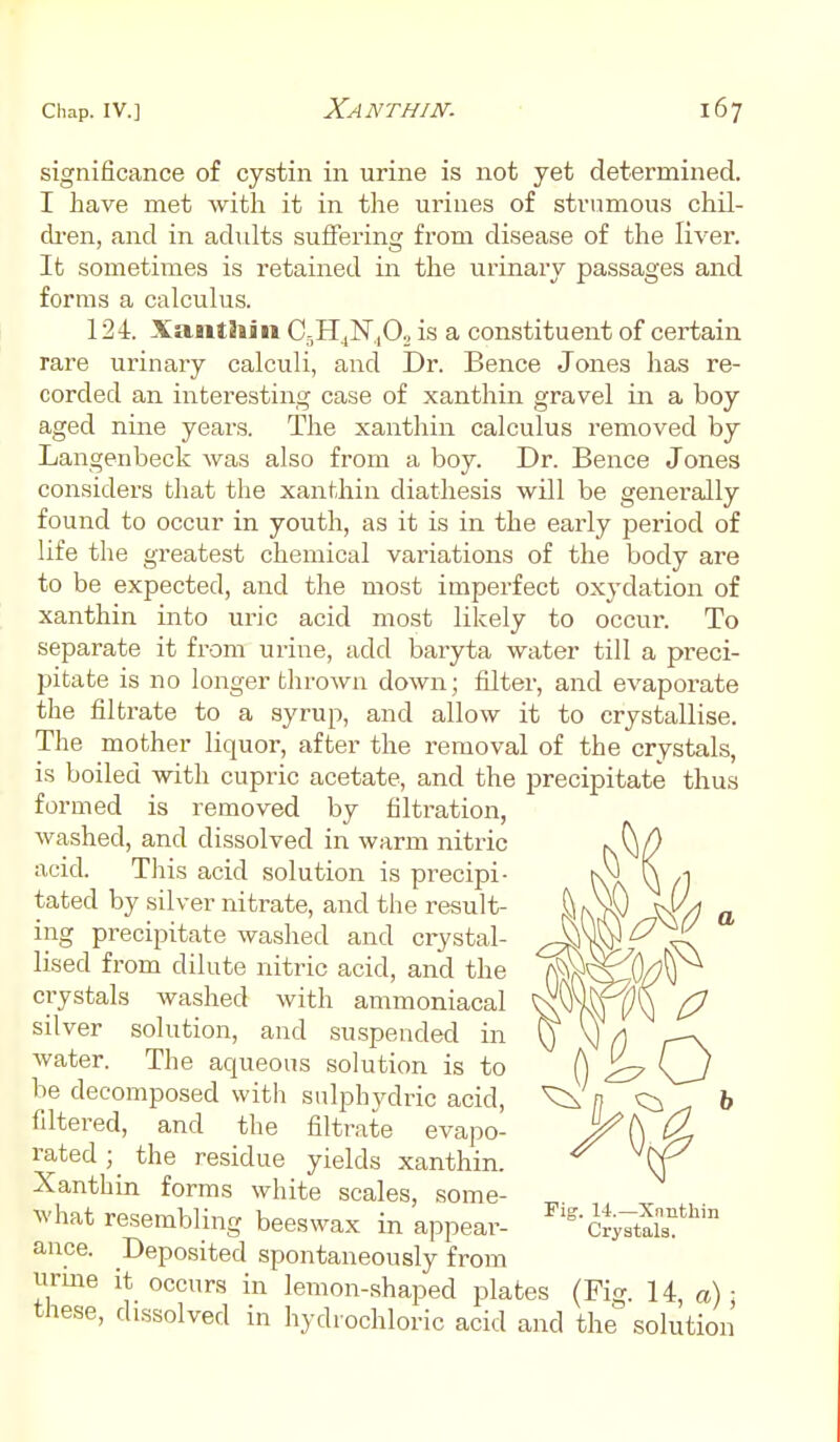 significance of cystin in urine is not yet determined. I have met with it in the urines of strumous chil- dren, and in adults suffering from disease of the liver. It sometimes is retained in the urinary passages and forms a calculus. 124. Xanthin Cr)H4N,,0, is a constituent of certain rare urinary calculi, and Dr. Bence Jones has re- corded an interesting case of xanthin gravel in a boy aged nine years. The xanthin calculus removed by Langenbeck was also from a boy. Dr. Bence Jones considers that the xanthin diathesis will be generally found to occur in youth, as it is in the early period of life the greatest chemical variations of the body are to be expected, and the most imperfect oxydation of xanthin into uric acid most likely to occur. To separate it from urine, add baryta water till a preci- pitate is no longer thrown down; filter, and evaporate the filtrate to a syrup, and allow it to crystallise. The mother liquor, after the removal of the crystals, is boiled with cupric acetate, and the precipitate thus formed is removed by filtration, washed, and dissolved in warm nitric k \\ acid. This acid solution is precipi- M /I tated by silver nitrate, and the result- jkvQ ^/\ a ing precipitate washed and crystal- ^ 4\ lised from dilute nitric acid, and the crystals washed with ammoniacal nH| ^7 silver solution, and suspended in \) a r-x water. The aqueous solution is to A \_J be decomposed with sulphydric acid, ^Xn ^ b filtered, and the filtrate evapo- V(\ CL rated; the residue yields xanthin.  Xanthin forms white scales, some- what resembling beeswax in appear- ^ofciSf ance. Deposited spontaneously from urme it occurs in lemon-shaped plates (Fig. 14, a) ■ these, dissolved in hydrochloric acid and the solution