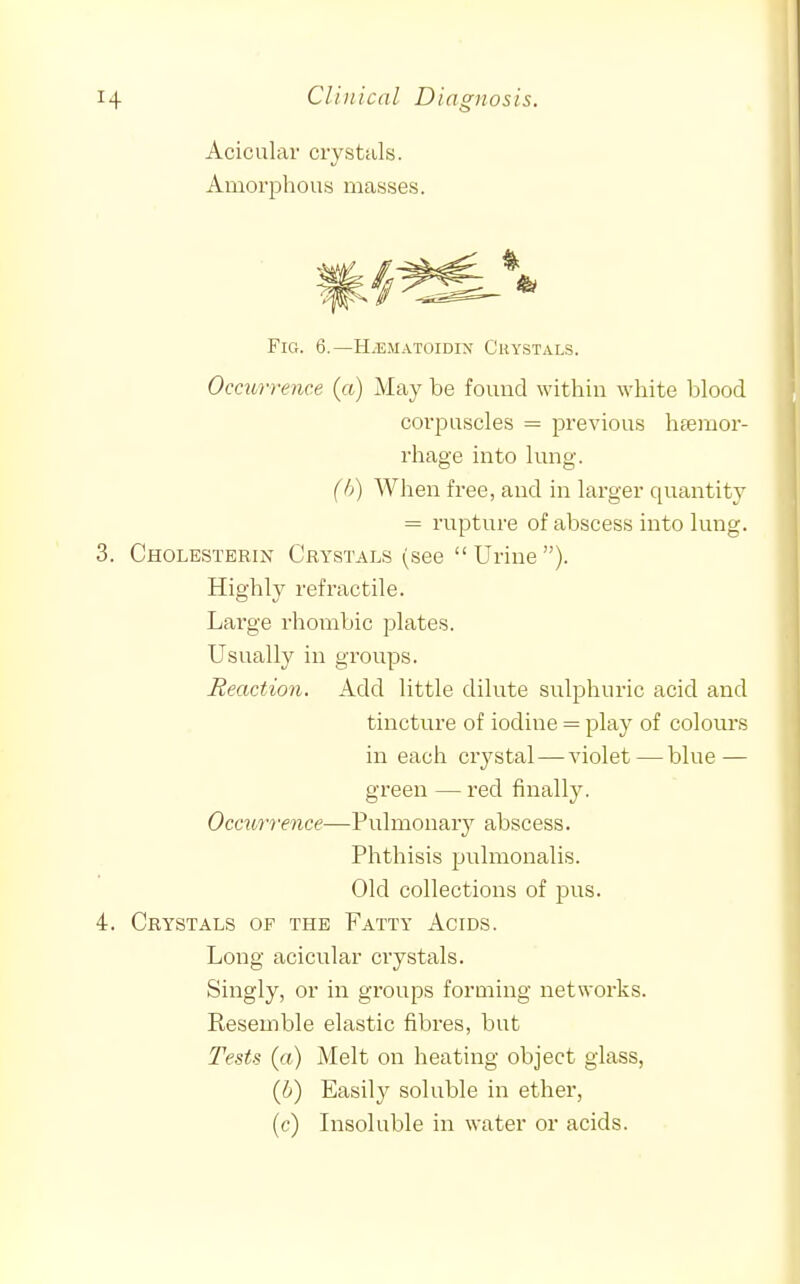 Acicalar crystals. Amorphous masses. Fig. 6.—H.ematoidin Crystals. Occurrence (a) May be found within white blood corpuscles = previous htemor- rhage into lung. (h) When free, and in larger quantity = rupture of abscess into lung. 3. Cholesterin Crystals (see Urine). Highly refractile. Large rhombic plates. Usually in groups. Reaction. Add little dilute sulphuric acid and tincture of iodine = play of colours in each crystal—A'iolet — blue — green — red finally. Occ^brrence—Pulmonary abscess. Phthisis pulmonalis. Old collections of pus. 4. Crystals of the Fatty Acids. Long acicular crystals. Singly, or in groups forming networks. Resemble elastic fibres, but Tests (a) Melt on heating object glass, (6) Easily soluble in ether, (e) Lisoluble in water or acids.