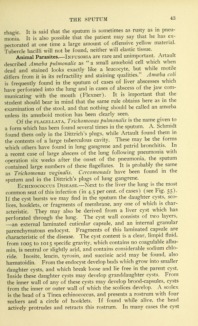 rhagic. It is said that the sputum is sometimes as rusty as in pneu- monia. It is also possible that the patient may say that he has ex- pectorated at one time a large amount of offensive yellow material. Tubercle bacilli will not be found, neither will elastic tissue. Animal Parasites.—Infusoria are rare and unimportant. Artault described Amceba pulmonalis as  a small amoeboid cell which when dead and stained looks exactly like a leucocyte, but while motile differs from it in its refractility and staining qualities. Amoeba coh is frequently found in the sputum of cases of liver abscesses which have perforated into the lung and in cases of abscess of the jaw com- municating with the mouth (Flexner). It is important that the student should bear in mind that the same rule obtains here as in the examination of the stool, and that nothing should be called an amceba unless its amoeboid motion has been clearly seen. Of the FLAGELLATA, Trichomonas pulmonalis is the name given to a form which has been found several times in the sputum. A. Schmidt found them only in the Dittrich's plugs, while Artault found them in the contents of a large tuberculous cavity. These may be the forms which others have found in lung gangrene and putrid bronchitis. In a recent case of large abscess of the lung following pneumonia with operation six weeks after the onset of the pneumonia, the sputum contained large numbers of these flagellates. It is probably the same as Trichomonas vaginalis. Cercomonads have been found in the sputum and in the Dittrich's plugs of lung gangrene. EcHiNOCOCCUS Disease.—Next to the liver the lung is the most common seat of this infection (in 4.5 per cent, of cases) (see Fig. 55). If the cyst bursts we may find in the sputum the daughter cysts, sco- lices, booklets, or fragments of membrane, any one of which is char- acteristic. They may also be derived from a liver cyst which has perforated through the lung. The cyst wall consists of two layers, —an external laminated cuticular capsule, and an internal granular parenchymatous endocyst. Fragments of this laminated capsule are characteristic of the disease. The cyst content is a clear, limpid fluid, from 1005 to 1015 specific gravity, which contains no coagulable albu- min, is neutral or shghtly acid, and contains considerable sodium chlo- ride. Inosite, leucin, tyrosin, and succinic acid may be found, also hsematoidin. From the endocyst develop buds which grow into smaller daughter cysts, and which break loose and lie free in the parent cyst. Inside these daughter cysts may develop granddaughter cysts. From the inner wall of any of these cysts may develop brood-capsules, cysts from the inner or outer wall of which the scolices develop. A scolex is the head of a Tinea echinococcus, and presents a rostrum with four suckers and a circle of booklets. If found while alive, the head actively protrudes and retracts this rostrum. In many cases the cyst