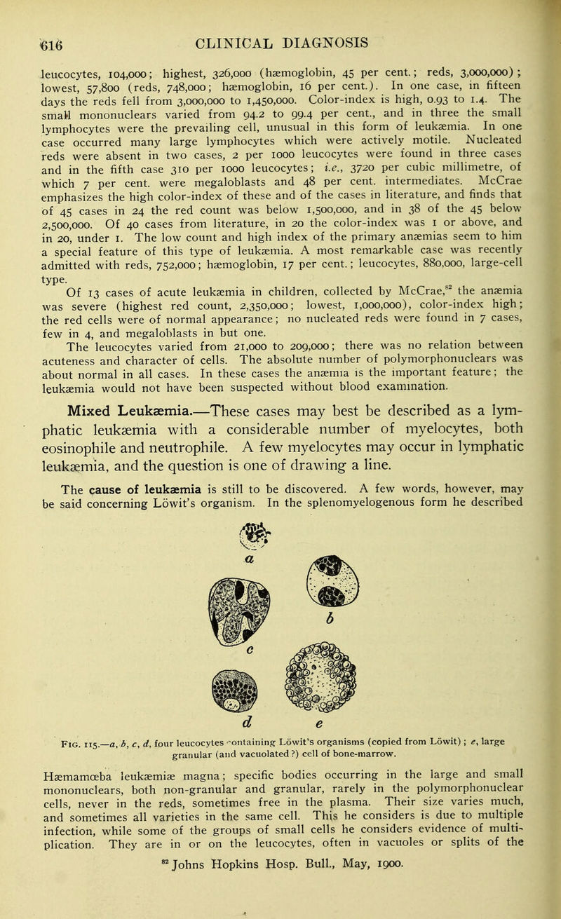 leucocytes, 104,000; highest, 326,000 (haemoglobin, 45 per cent.; reds, 3,000,000); lowest, 57,800 (reds, 748,000; haemoglobin, 16 per cent.). In one case, in fifteen days the reds fell from 3,000,000 to 1,450,000. Color-index is high, 0.93 to 1.4. The smaW mononuclears varied from 94.2 to 99.4 per cent., and in three the small lymphocytes were the prevailing cell, unusual in this form of leukaemia. In one case occurred many large lymphocytes which were actively motile. Nucleated reds were absent in two cases, 2 per 1000 leucocytes were found in three cases and in the fifth case 310 per 1000 leucocytes; i.e., 3720 per cubic millimetre, of which 7 per cent, were megaloblasts and 48 per cent, intermediates. McCrae emphasizes the high color-index of these and of the cases in literature, and finds that of 45 cases in 24 the red count was below 1,500,000, and in 38 of the 45 below 2,500,000. Of 40 cases from literature, in 20 the color-index was i or above, and in 20, under i. The low count and high index of the primary anaemias seem to him a special feature of this type of leukaemia. A most remarkable case was recently admitted with reds, 752,000; haemoglobin, 17 per cent.; leucocytes, 880,000, large-cell type. Of 13 cases of acute leukaemia in children, collected by McCrae,'' the anaemia was severe (highest red count, 2,350,000; lowest, 1,000,000), color-index high; the red cells were of normal appearance; no nucleated reds were found in 7 cases, few in 4, and megaloblasts in but one. The leucocytes varied from 21,000 to 209,000; there was no relation between acuteness and character of cells. The absolute number of polymorphonuclears was about normal in all cases. In these cases the anaemia is the important feature; the leukaemia would not have been suspected without blood examination. Mixed Leukaemia.—These cases may best be described as a lym- phatic leukaemia with a considerable number of myelocytes, both eosinophile and neutrophils A few myelocytes may occur in lymphatic leuksemia, and the question is one of drawing a line. The cause of leukaemia is still to be discovered. A few words, however, may be said concerning Lowit's organism. In the splenomyelogenous form he described d e Fig. 115.—a, b, c, d, four leucocytes 'Containing: Lowit's organisms (copied from Lowit); e, large granular (and vacuolated?) cell of bone-marrow. Haemamoeba leukaemiae magna; specific bodies occurring in the large and small mononuclears, both non-granular and granular, rarely in the polymorphonuclear cells, never in the reds, sometimes free in the plasma. Their size varies much, and sometimes all varieties in the same cell. This he considers is due to multiple infection, while some of the groups of small cells he considers evidence of multi- plication. They are in or on the leucocytes, often in vacuoles or splits of the Johns Hopkins Hosp. Bull, May, 1900.