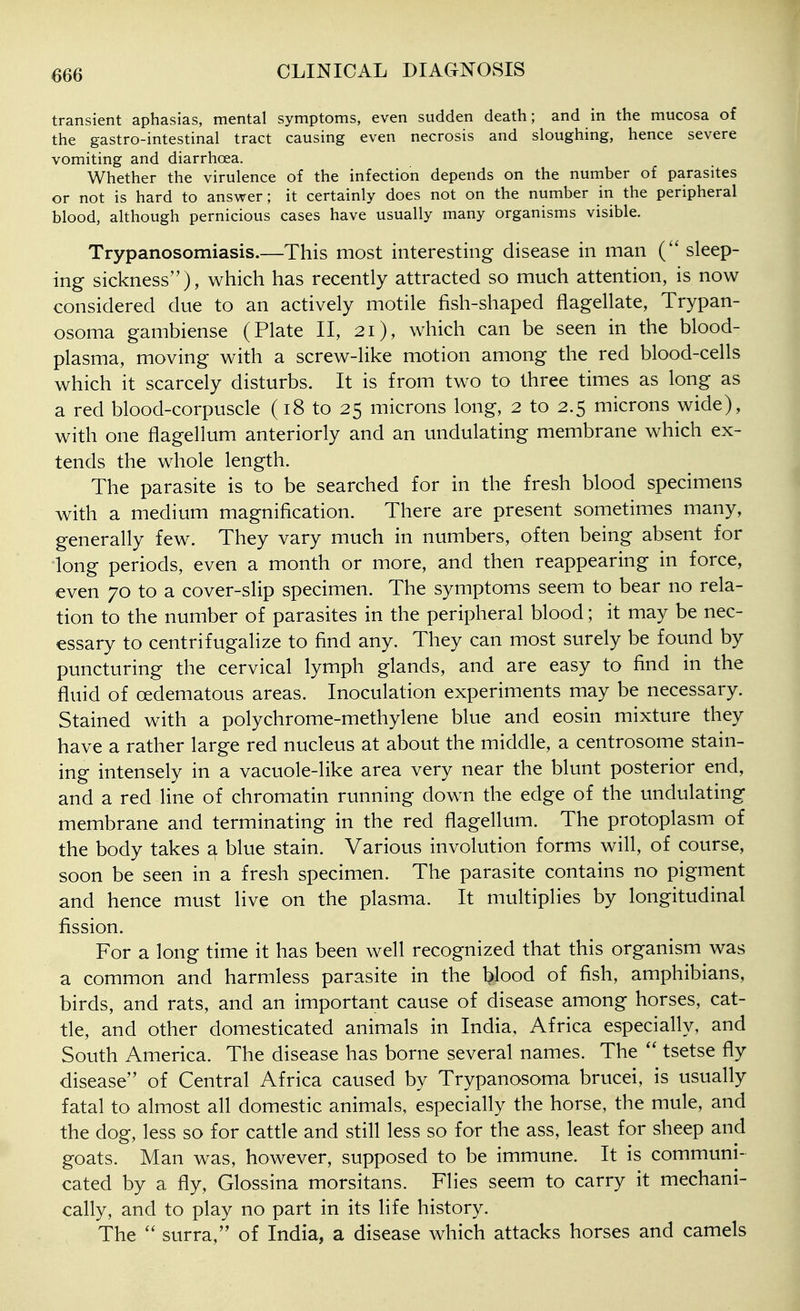 transient aphasias, mental symptoms, even sudden death; and in the mucosa of the gastro-intestinal tract causing even necrosis and sloughing, hence severe vomiting and diarrhoea. Whether the virulence of the infection depends on the number of parasites or not is hard to answer; it certainly does not on the number in the peripheral blood, although pernicious cases have usually many organisms visible. Trypanosomiasis.—This most interesting disease in man sleep- ing sickness), which has recently attracted so much attention, is now considered due to an actively motile fish-shaped flagellate, Trypan- osoma gambiense (Plate II, 21), which can be seen in the blood- plasma, moving with a screw-like motion among the red blood-cells which it scarcely disturbs. It is from two to three times as long as a red blood-corpuscle (18 to 25 microns long, 2 to 2.5 microns wide), with one flagellum anteriorly and an undulating membrane which ex- tends the whole length. The parasite is to be searched for in the fresh blood specimens with a medium magnification. There are present sometimes many, generally few. They vary much in numbers, often being absent for long periods, even a month or more, and then reappearing in force, even 70 to a cover-slip specimen. The symptoms seem to bear no rela- tion to the number of parasites in the peripheral blood; it may be nec- essary to centrifugalize to find any. They can most surely be found by puncturing the cervical lymph glands, and are easy to find in the fluid of cedematous areas. Inoculation experiments may be necessary. Stained with a polychrome-methylene blue and eosin mixture they have a rather large red nucleus at about the middle, a centrosome stain- ing intensely in a vacuole-like area very near the blunt posterior end, and a red line of chromatin running down the edge of the undulating membrane and terminating in the red flagellum. The protoplasm of the body takes a blue stain. Various involution forms will, of course, soon be seen in a fresh specimen. The parasite contains no pigment and hence must live on the plasma. It multiplies by longitudinal fission. For a long time it has been well recognized that this organism was a common and harmless parasite in the blood of fish, amphibians, birds, and rats, and an important cause of disease among horses, cat- tle, and other domesticated animals in India, Africa especially, and South America. The disease has borne several names. The  tsetse fly disease of Central Africa caused by Trypanosoma brucei, is usually fatal to almost all domestic animals, especially the horse, the mule, and the dog, less so for cattle and still less so for the ass, least for sheep and goats. Man was, however, supposed to be immune. It is communi- cated by a fly, Glossina morsitans. Flies seem to carry it mechani- cally, and to play no part in its life history. The  surra, of India, a disease which attacks horses and camels